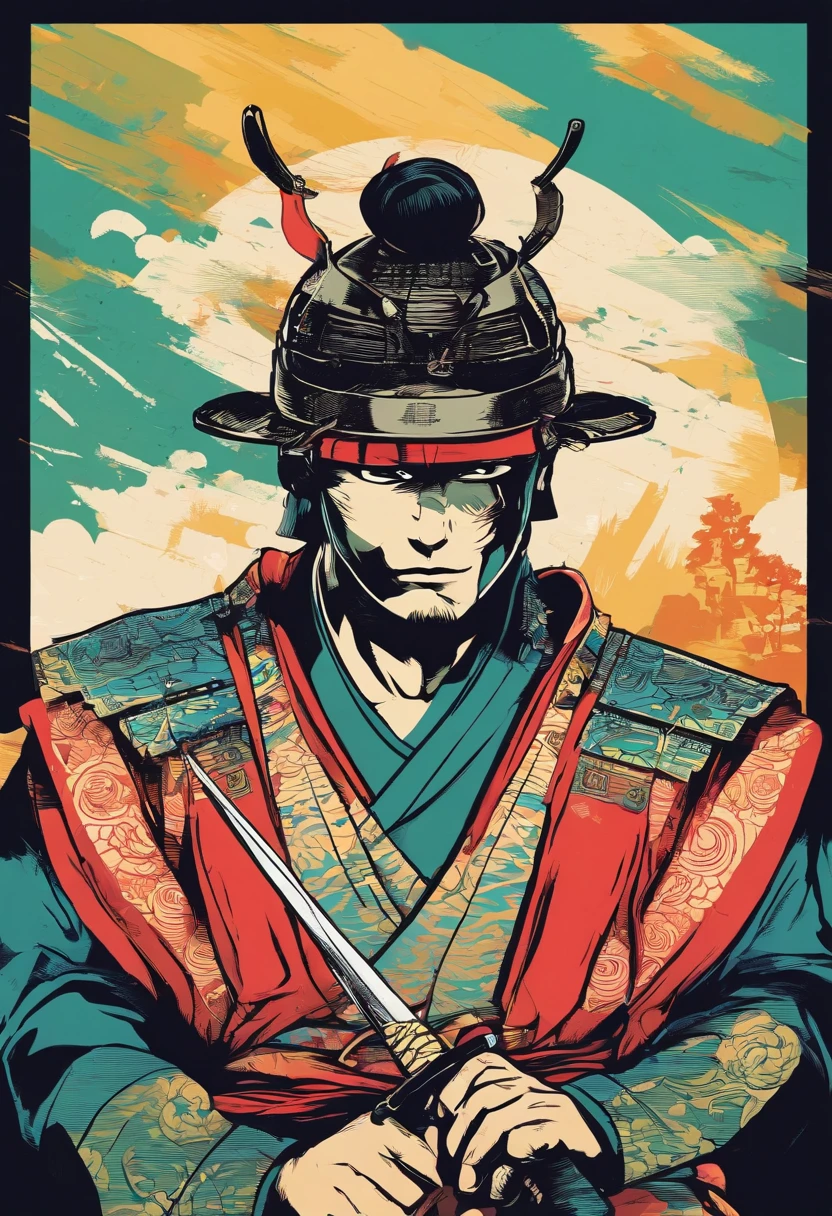 (((um homem samurai com uma espada na cintura))), olhar penetrante, Wearing a bamboo hat, rosto detalhado, jovem, extremamente detalhado, plano geral, estilo anime, colorido, obra prima, 8k