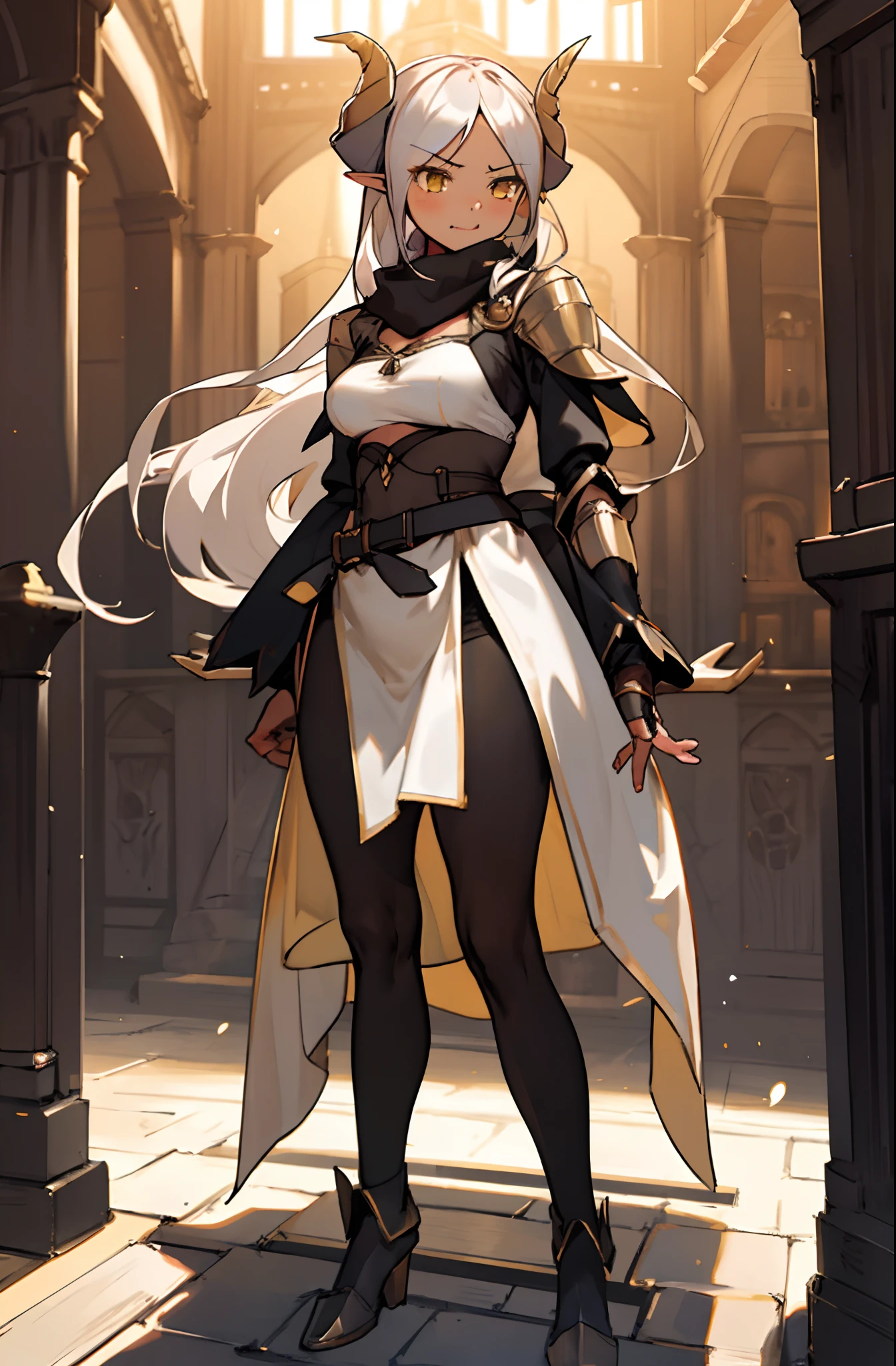 girl, tall,brown skin, hidden arms,long hair, white hair, detailed pretty eyes, yellow eyes,angry face, evil smile, medium boobs, white small shirt, mid waist,show abdomen, medium thighs, gold armor outfit, long black stockings, detailed clothes, masterpiece, hyper realistic, high definition,black horns,black pantyhose,elves ears,yellow scarf,(((standing inside of a castle)))