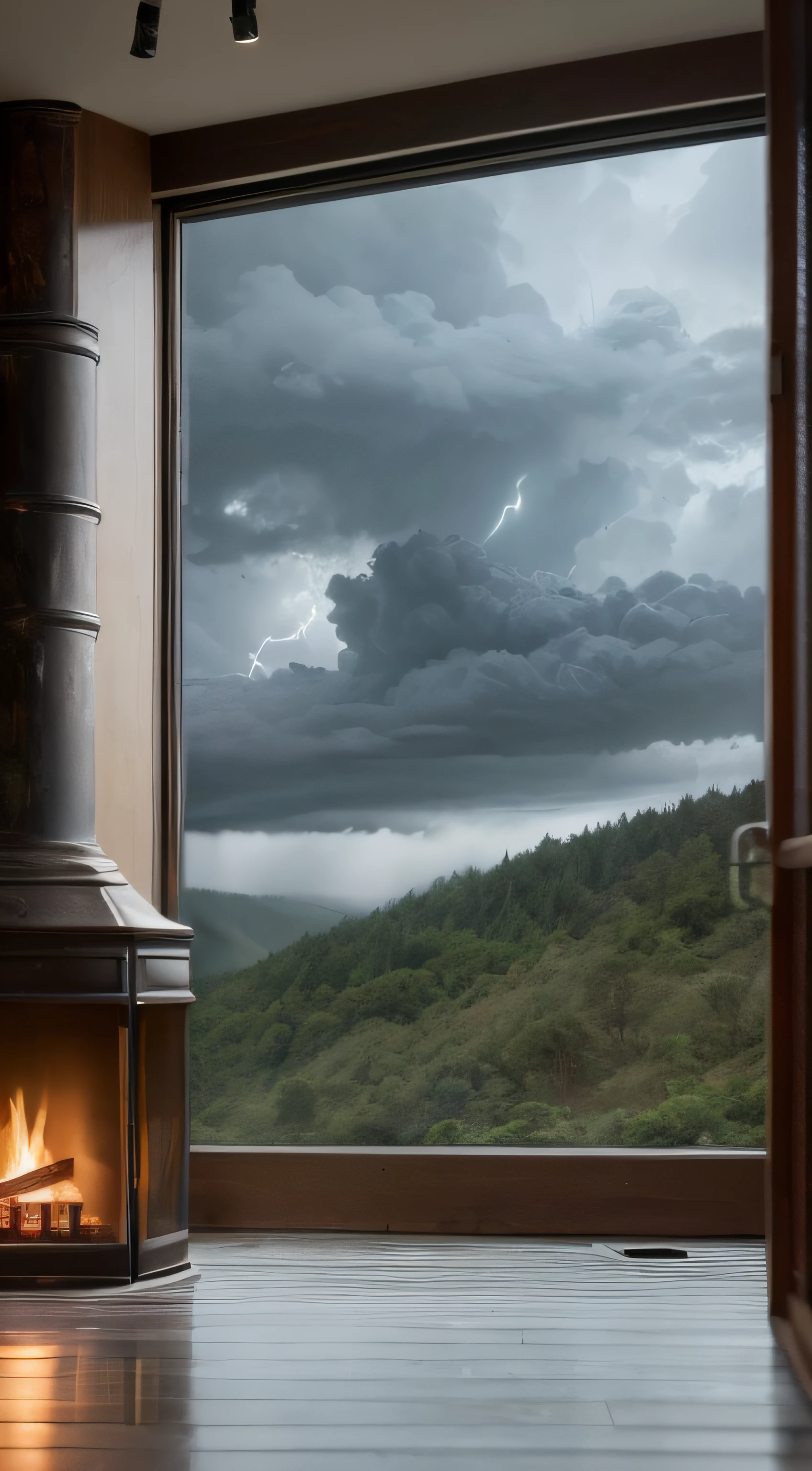 violent storm,dark stormy clouds,floor to ceiling window,sofe,fireplace,baby cats,A plant,the woods,hilltop,High detail,lightand shade contrast,hyper HD,tmasterpiece,winning artwork,Best quality at best,A high resolution,16k
