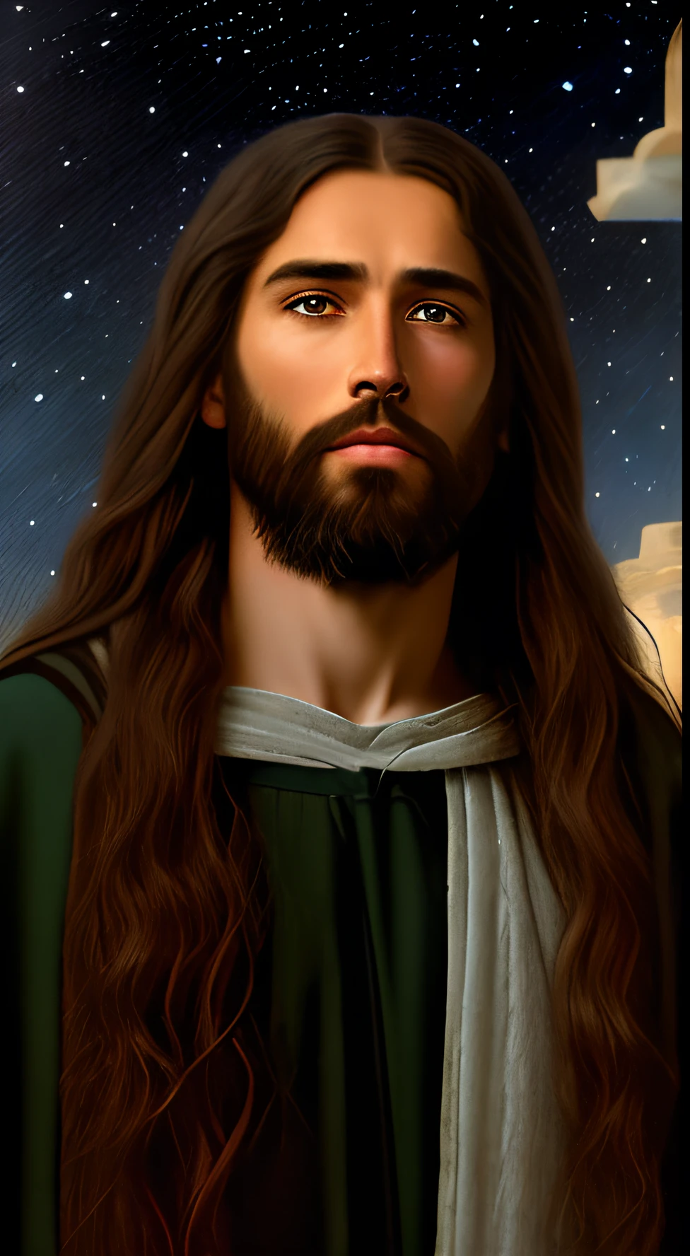 jesus with long hair and beard standing in front of a dark sky, jesus christ, portrait of jesus christ, jesus face, young almighty god, greg olsen, gigachad jesus, jesus of nazareth, christian art, dressed like jesus christ, jesus, the lord and savior, catholic religious art, profile pic, religious painting, profile photo, god looking at me