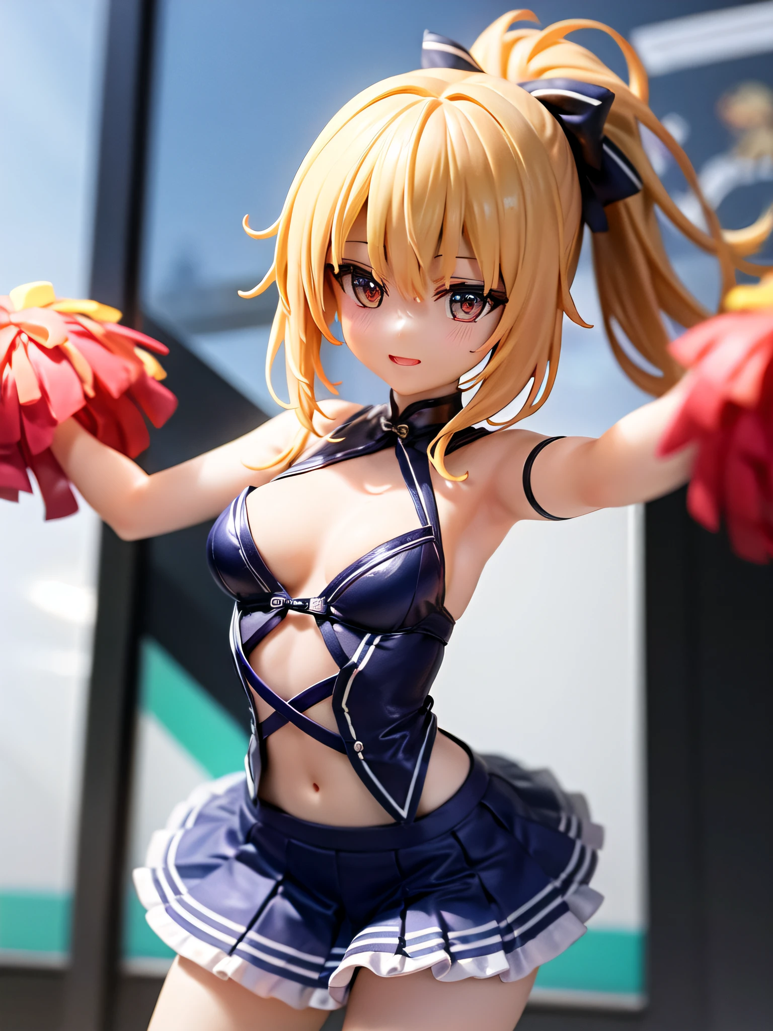 （Erotic Cheerleader:1.3）、(Outside the stadium:1.0)、(tiny chest:1.1)、extremely delicate and beautiful,visual impact, grow,The ultra -The high-definition, Raw photography, top-quality, hight resolution, (​masterpiece), (Photorealsitic:1.4), Anime Cosplay, foco nítido, nffsw,Unity 8k壁纸, intricate detailes, depth of fields,nffsw,amazing, contour deepening,front lit,（Oil Highlights：1.4）, girl with, beautiful countenance、Very detailed background,ssmile、(A slender:1.5)、see -through、Big cheerleader posing with pom-pom in hand、Cheerleading in petite costumes