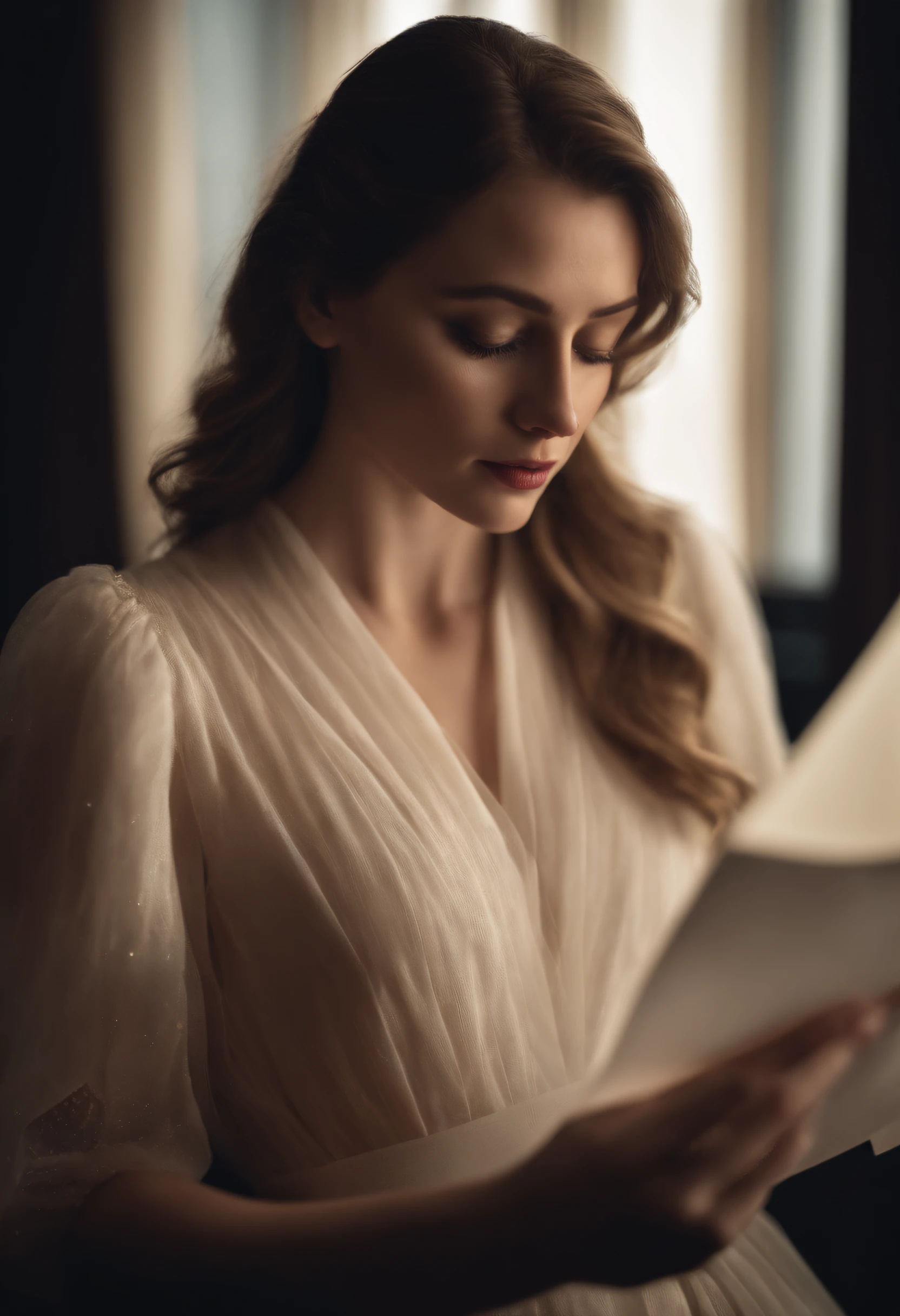 A delicate woman with pale skin, She wears a social outfit and is looking at a paper in her hands.