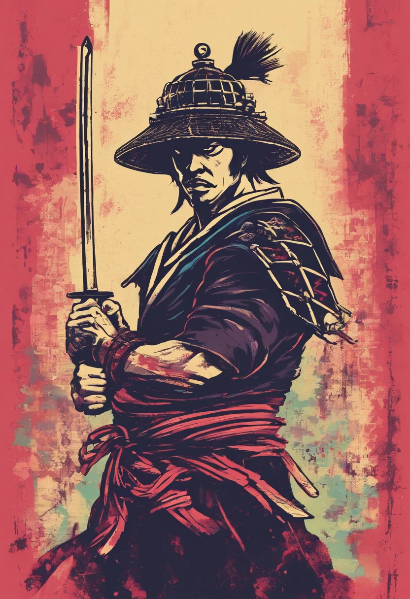 (((um homem samurai com uma espada na cintura))), olhar penetrante, Wearing a bamboo hat, rosto detalhado, jovem, extremamente detalhado, plano geral, estilo anime, colorido, obra prima, 8k
