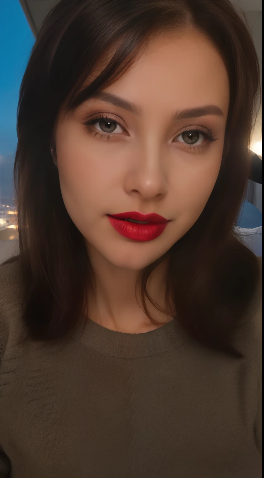 A closeup of a woman in a black sweater and red lipstick, imagem de perfil, Foto de perfil do headshot, Directed by: Nandor Soldier, imagem de qualidade muito baixa, red lips, 2 8 anos, cabelos pretos e olhos grandes, faint red lips, foto do perfil, lovingly looking at camera, imagem frontal, 1 8 I, foto de perfil profissional, Paisagem do hotel, Bom lugar, bem iluminado
