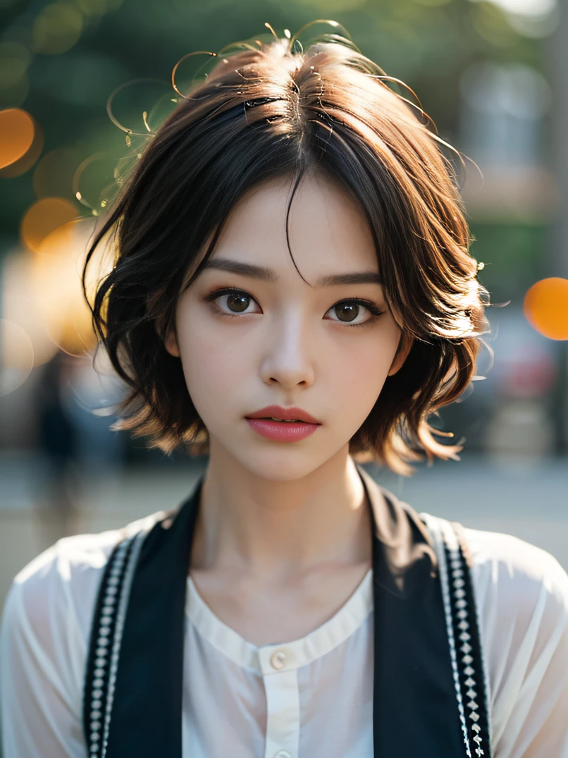girl with camera, mix 4,(8k, RAW photo, highest quality, masterpiece:1.2), (realistic, photo-realistic:1.37),1 girl,cute,cityscape, night, rain, Wet, well-shaped medium chest,professional lighting, photon mapping, radio city, Physically based rendering, gradient brunette hair, short curly hair, good looking, Girly, white ball set, Great image quality, High resolution, 1080p, (pretty face), (Detailed facial description), (Detailed explanation of hand masterpiece), (Detailed CG), extreme light and shadow, messy hair, masterpiece, Rich details, (exquisite features), (best image quality), (masterpiece), (fine eyes), look forward to your eyes, delicate clavicle