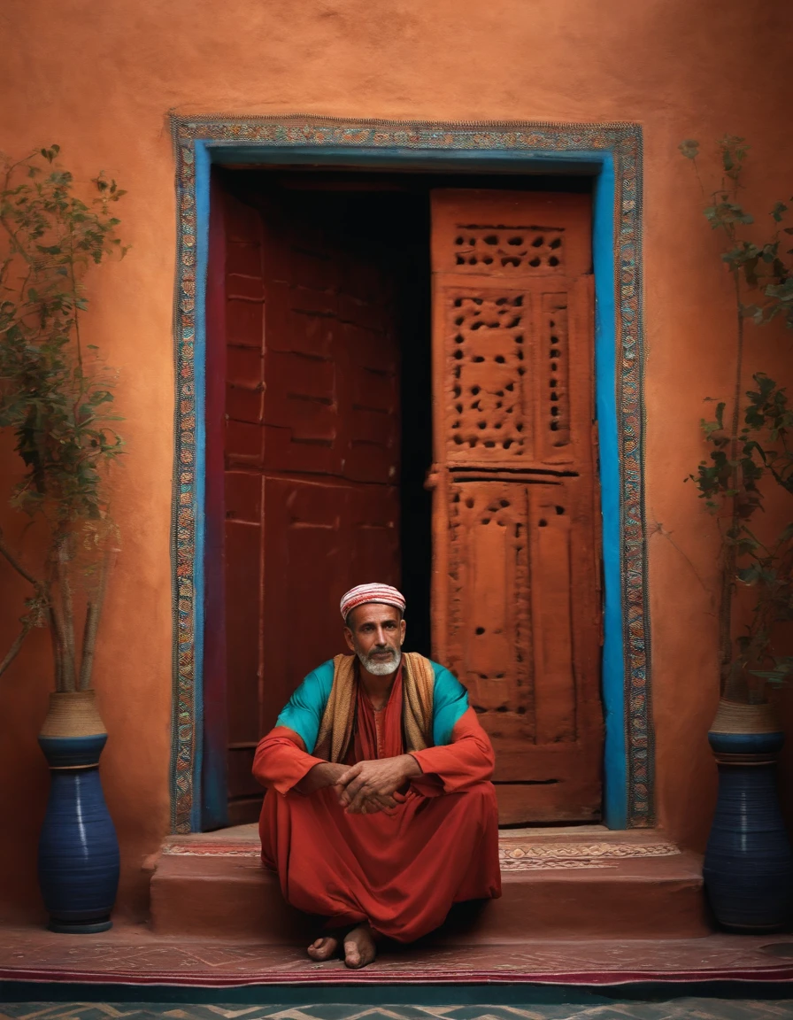 A Moroccan peasant in a jellaba sitting in front of a door