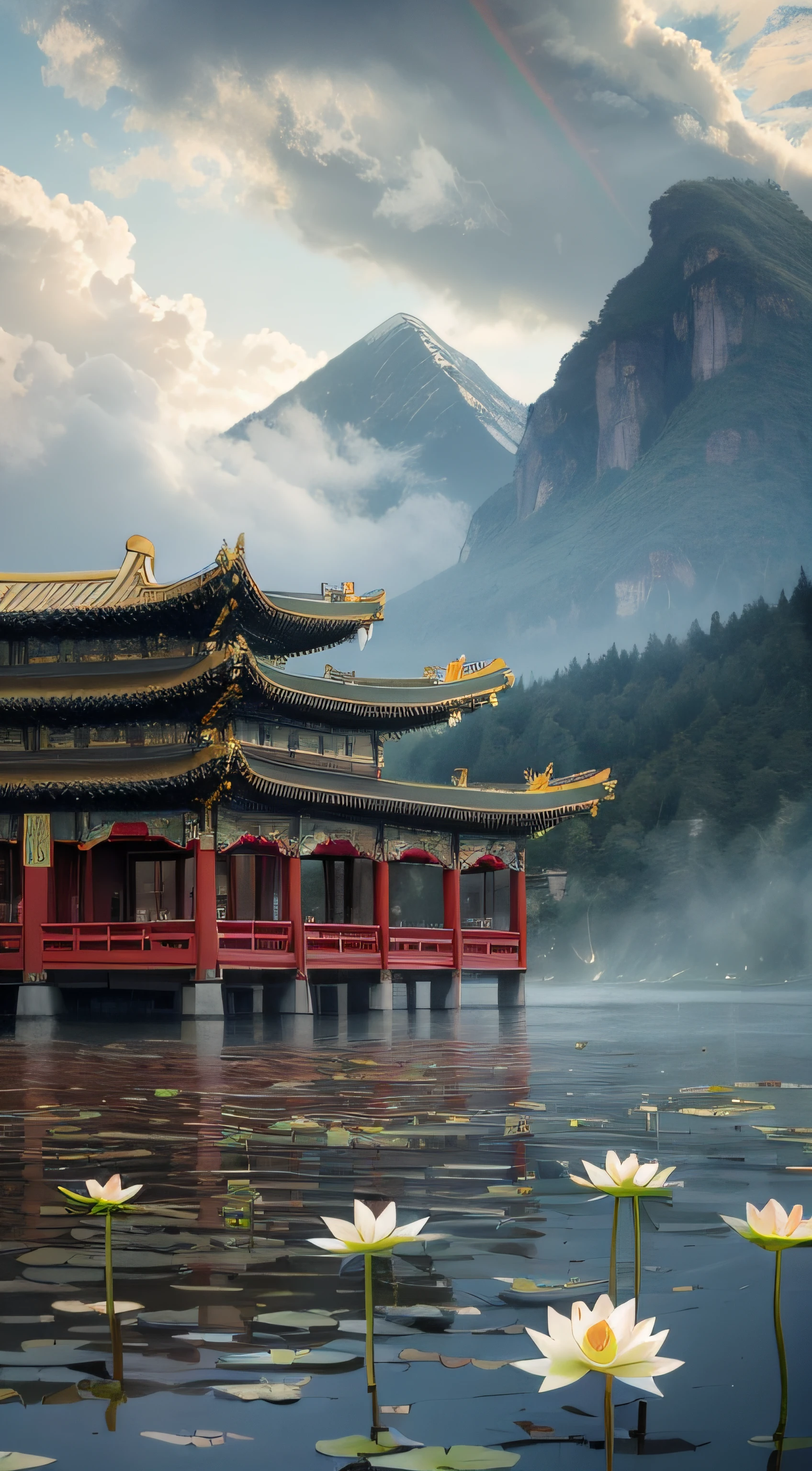 violent storm，dark stormy clouds，snow mountains，Chinese architecture，water，Lotus，High detail，lightand shade contrast，hyper HD，tmasterpiece，winning artwork，Best quality at best，A high resolution，16k