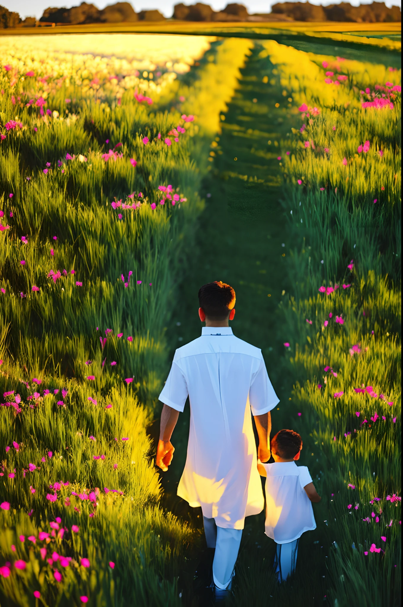 best quality,ultra-detailed,highres,realistic,professionally detailed,studio lighting,vivid colors,
a dad with black vest,a mom in white dress, a son in shirt,beautiful detailed eyes and face, long eyelashes
they walk hand in hand towards the horizon, green grass field with flowers, blue sky with fluffy white clouds, warm sunlight casting soft shadows, peaceful and joyful atmosphere
