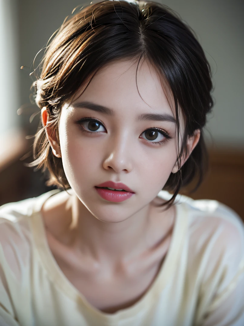 Film portrait photography, 1girl, shirt, short hair, gentle, benevolent, gentle gaze, (realistic detailed eyes, natural skin texture, realistic face details), soft dramatic lighting, depth of field, bokeh, vivid details, detail, ultra-realistic, 35mm film, blur