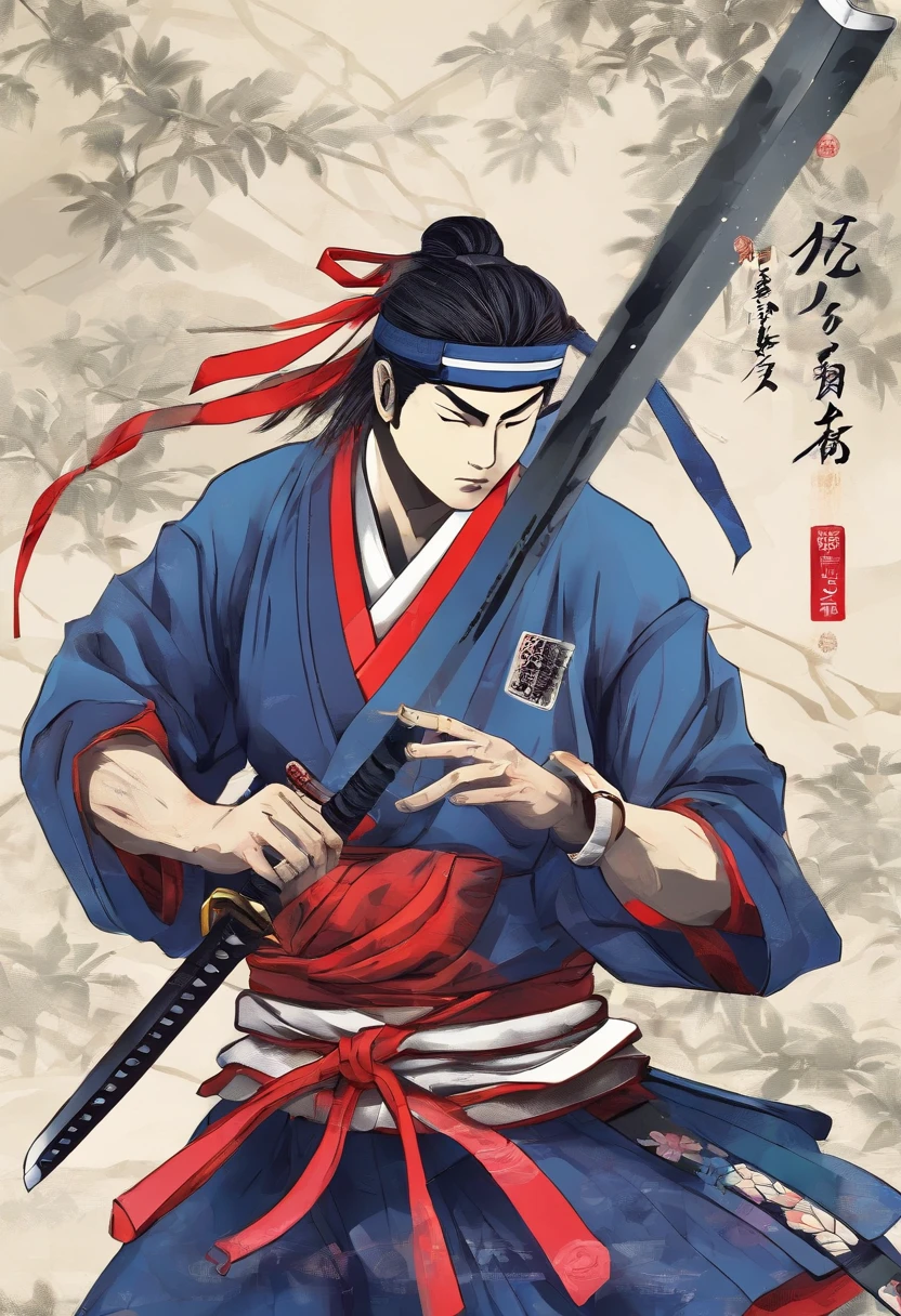 (((um homem samurai com uma espada na cintura))), olhar penetrante, Wearing a bamboo hat, rosto detalhado, jovem, extremamente detalhado, plano geral, estilo anime, colorido, obra prima, 8k
