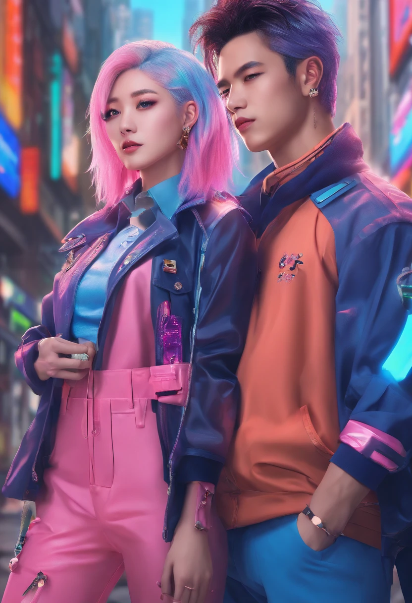 ((Male and female couples)), Idol Photos, Magazine covers, Photos of actors, Professional Photos, Height difference, tall male, Happiness, youthfulness, extra detailed face, detailed punk hair, very detailed character, inspired by Sim Sa-jeong, Cai Xukun's, detailed realistic faces, highly detailed realistic face, high detailed face anime, realistic detailed face, Accurate detailed face, attractive androgynous humanoid, Cool Korean fashion in black and white, ((Man with light blue hair)), ((Woman with pink hair)), ((Woman with long hair below waist)), ((Man with short hair over ears)), ((Pink hair woman with gentle expression)), ((Man with light blue hair with wild expression)), high-level image quality, masterpiece, Photographed so that the whole body can be seen, Photographed to make clothes look beautiful, Take your eyes off, ((two individuals)), ((British couple))