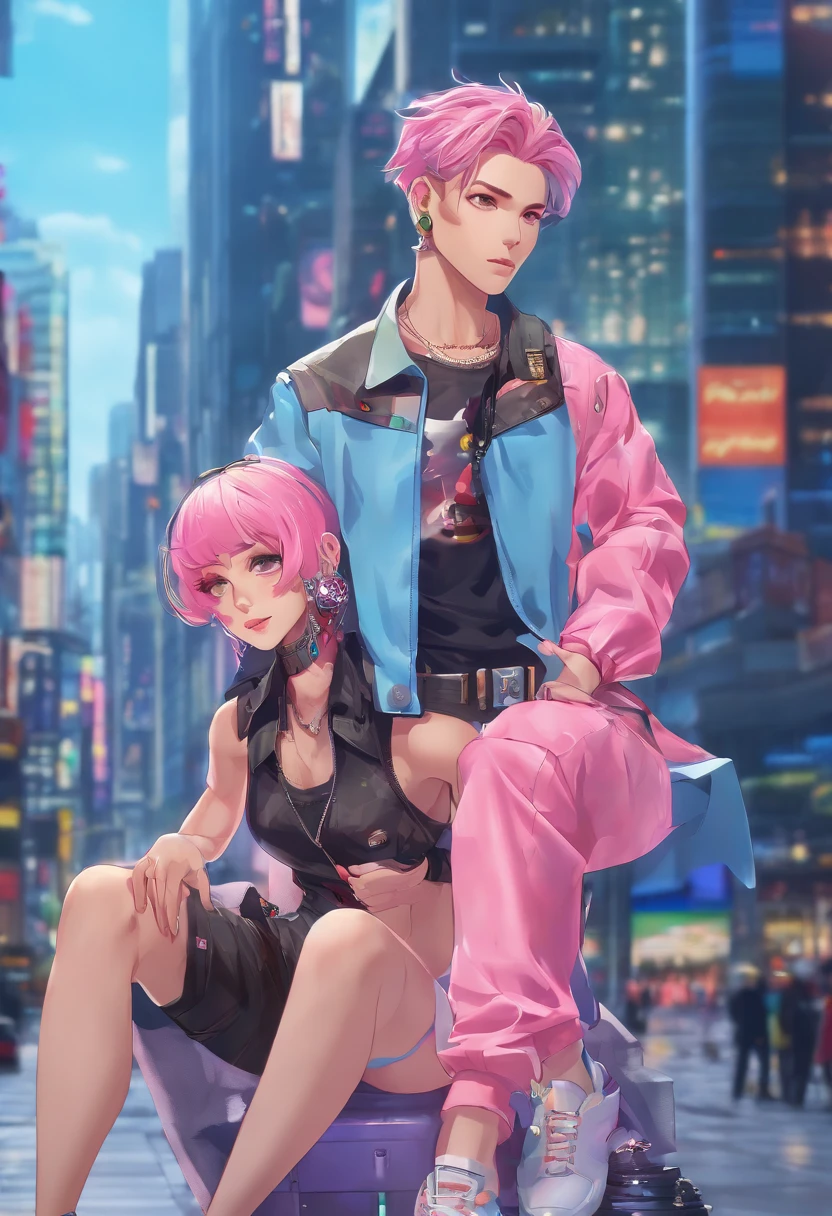 ((Male and female couples)), Idol Photos, Magazine covers, Photos of actors, Professional Photos, Height difference, tall male, Happiness, youthfulness, extra detailed face, detailed punk hair, very detailed character, inspired by Sim Sa-jeong, Cai Xukun's, detailed realistic faces, highly detailed realistic face, high detailed face anime, realistic detailed face, Accurate detailed face, attractive androgynous humanoid, Cool Korean fashion in black and white, ((Man with light blue hair)), ((Woman with pink hair)), ((Woman with long hair below waist)), ((Man with short hair over ears)), ((Pink hair woman with gentle expression)), ((Man with light blue hair with wild expression)), high-level image quality, masterpiece, Photographed so that the whole body can be seen, Photographed to make clothes look beautiful, Take your eyes off, ((two individuals)), ((British couple))