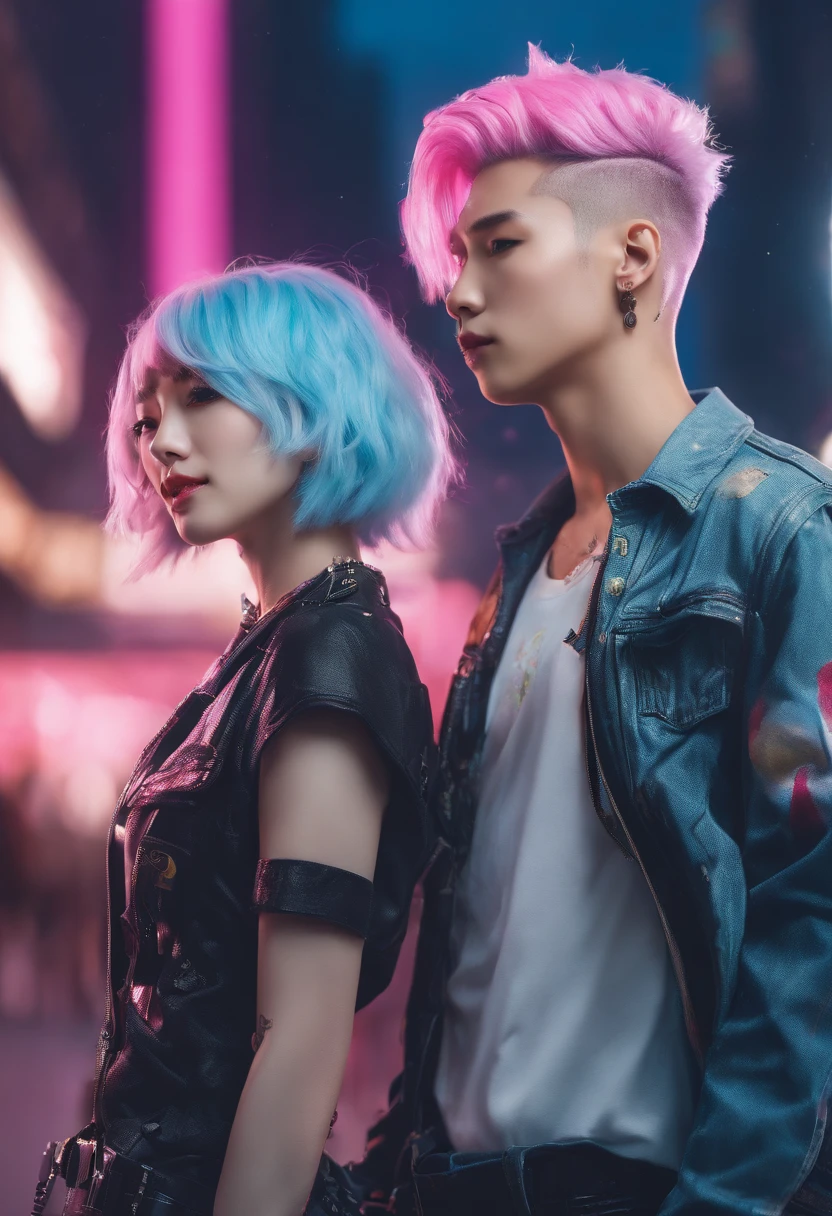 ((Male and female couples)), Idol Photos, Magazine covers, Photos of actors, Professional Photos, Height difference, tall male, Happiness, youthfulness, extra detailed face, detailed punk hair, very detailed character, inspired by Sim Sa-jeong, Cai Xukun's, detailed realistic faces, highly detailed realistic face, high detailed face anime, realistic detailed face, Accurate detailed face, attractive androgynous humanoid, Cool Korean fashion in black and white, ((Man with light blue hair)), ((Woman with pink hair)), ((Woman with long hair below waist)), ((Man with short hair over ears)), ((Pink hair woman with gentle expression)), ((Man with light blue hair with wild expression)), high-level image quality, masterpiece, Photographed so that the whole body can be seen, Photographed to make clothes look beautiful, Take your eyes off, ((two individuals)), ((British couple))