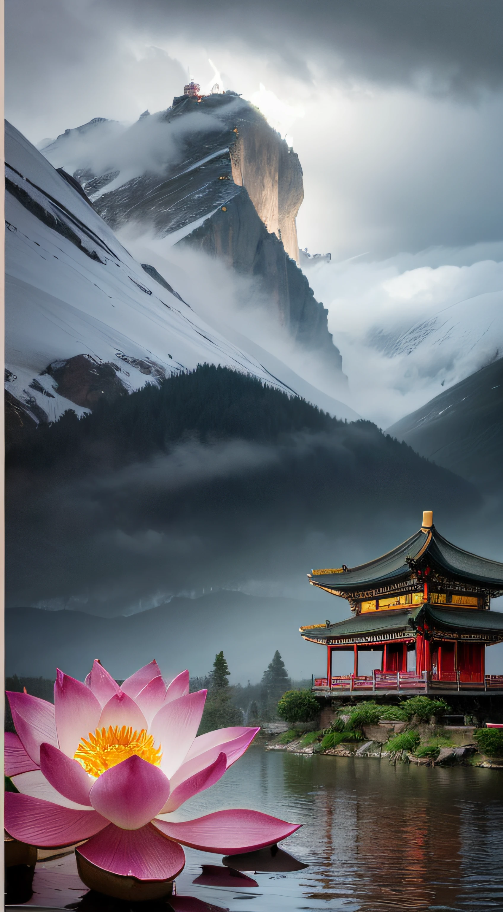 violent storm,dark stormy clouds,snow mountains,Chinese architecture,water,Lotus,High detail,lightand shade contrast,hyper HD,tmasterpiece,winning artwork,Best quality at best,A high resolution,16k