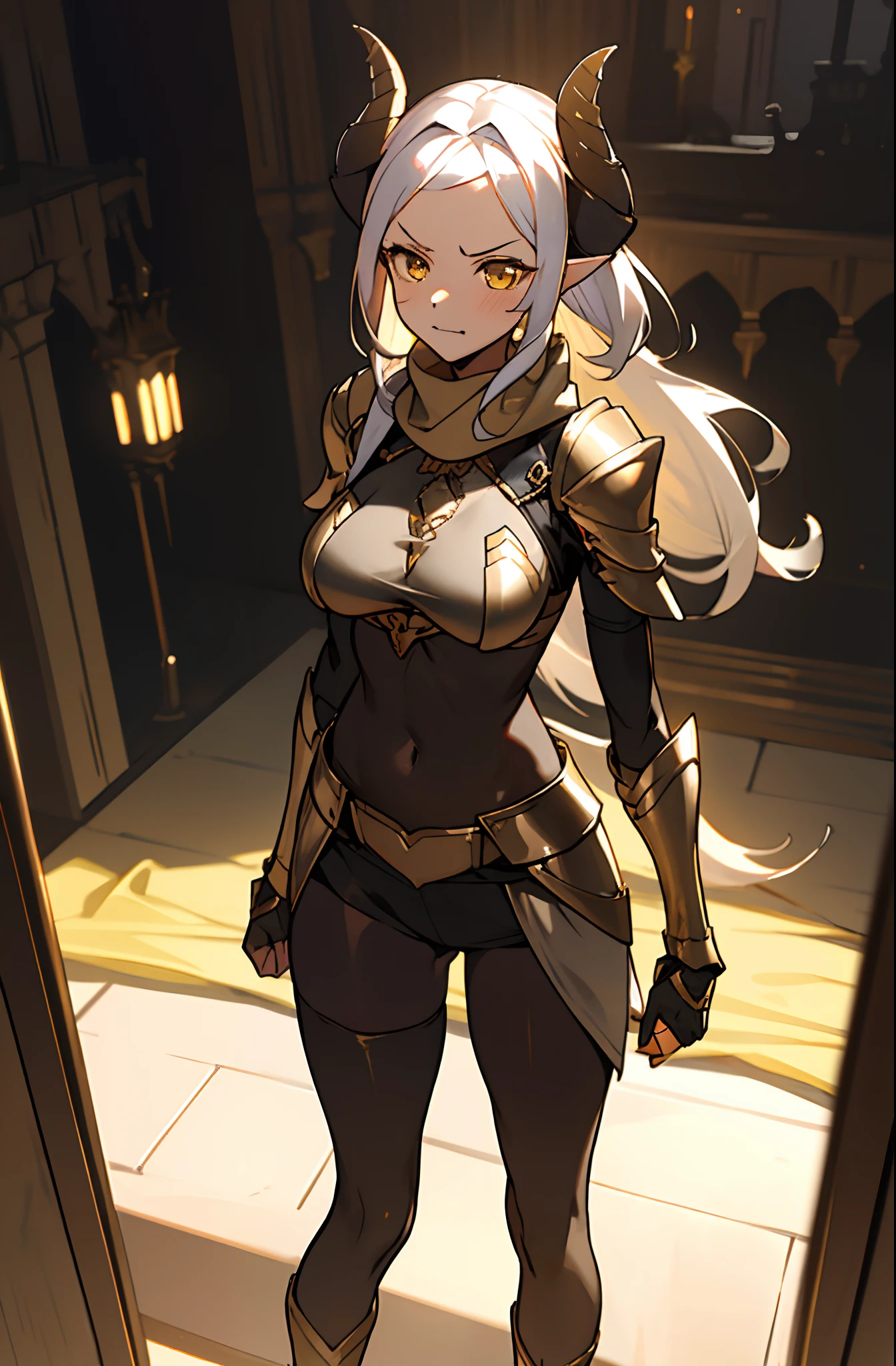 girl, tall,brown skin, hidden arms,long hair, white hair, detailed pretty eyes, yellow eyes,angry face, evil smile, medium boobs, mid waist,show abdomen, medium thighs, gold armor outfit, long black stockings, detailed clothes, masterpiece, hyper realistic, high definition,black horns,black pantyhose,elves ears,yellow scarf,(((standing inside of a castle)))