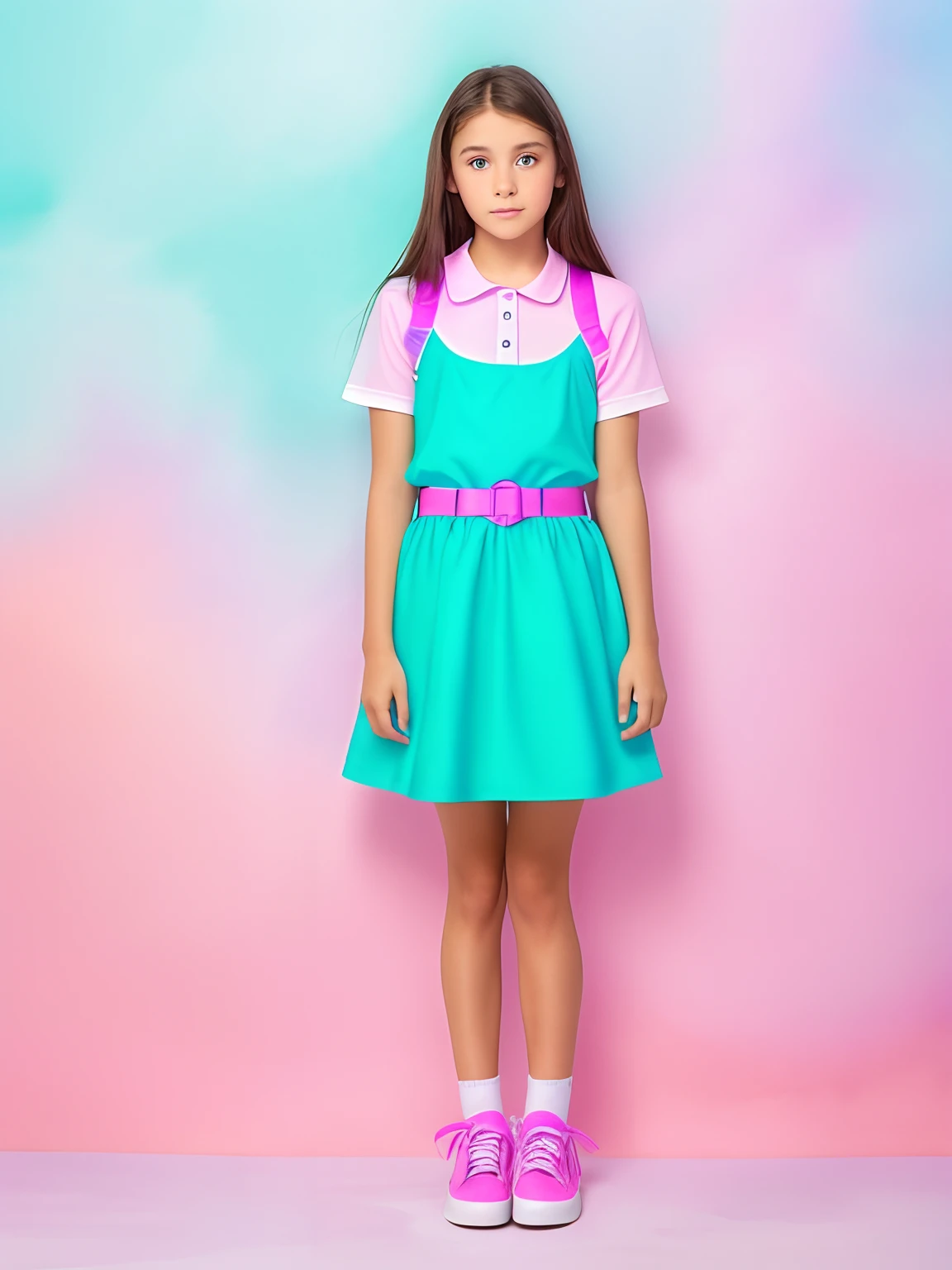 14 year old girl with Brown hair and blue eyes wearing a black flared dress with thick straps and round collars, a shirt with a watercolor style (pink, turquoise blue, vibrante purple, neon yellow) and thin short sleves in a baby look style, a belt with a watercolor print (pink, neon yellow, turquoise blue,  vibrante purple), long white socks and shoes black with colorful laces, uniform orphanage in informal style, White background like a soap opera promocional photo.