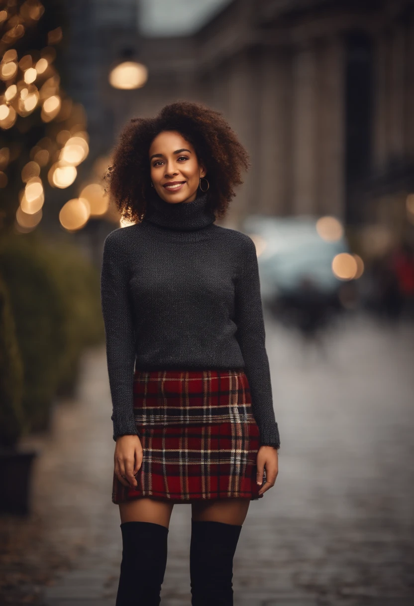 Beautiful smiling mixed-race young woman wearing a turtleneck sweater, very short tartan miniskirt and boots.