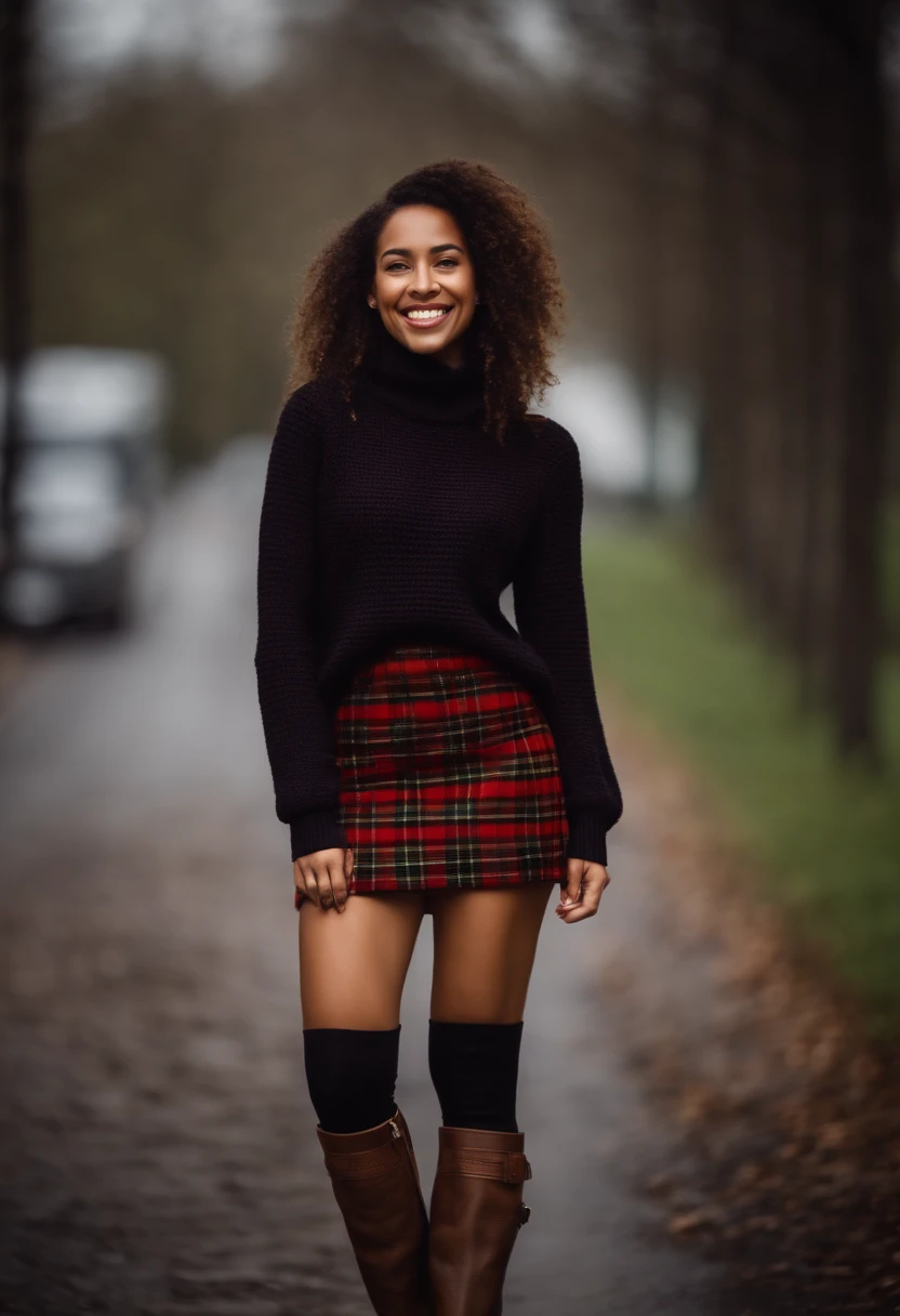 A woman in a black sweater and plaid skirt is smiling SeaArt AI