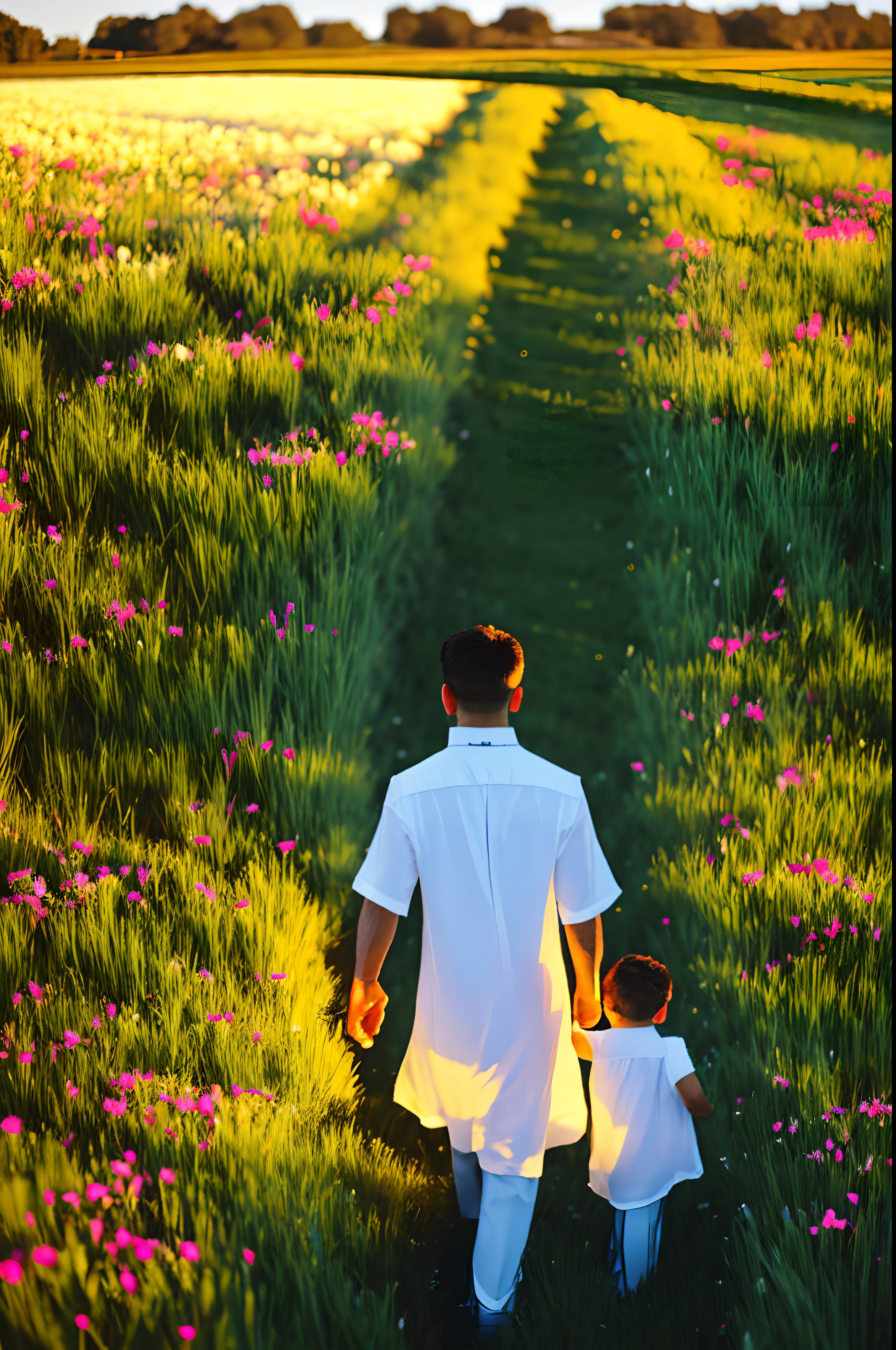 best quality,ultra-detailed,highres,realistic,professionally detailed,studio lighting,vivid colors,
a dad with black vest,a mom in white dress, a son in shirt,beautiful detailed eyes and face, long eyelashes
they walk hand in hand towards the horizon, green grass field with flowers, blue sky with fluffy white clouds, warm sunlight casting soft shadows, peaceful and joyful atmosphere