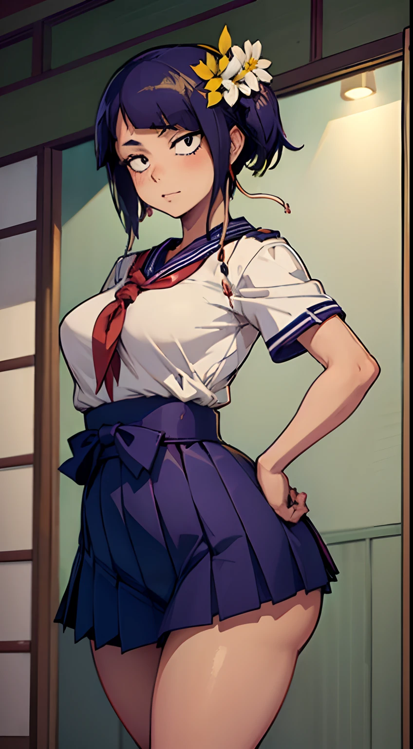 Shyness、embarrassed from、Small white transparent strawberry pants visible from the navy blue skirt、animesque、frombelow、low angles、opens legs、a sailor suit、Strawberry print panties、from the rear、perfect buttocks、‎Classroom、Schools、Dynamic Pose