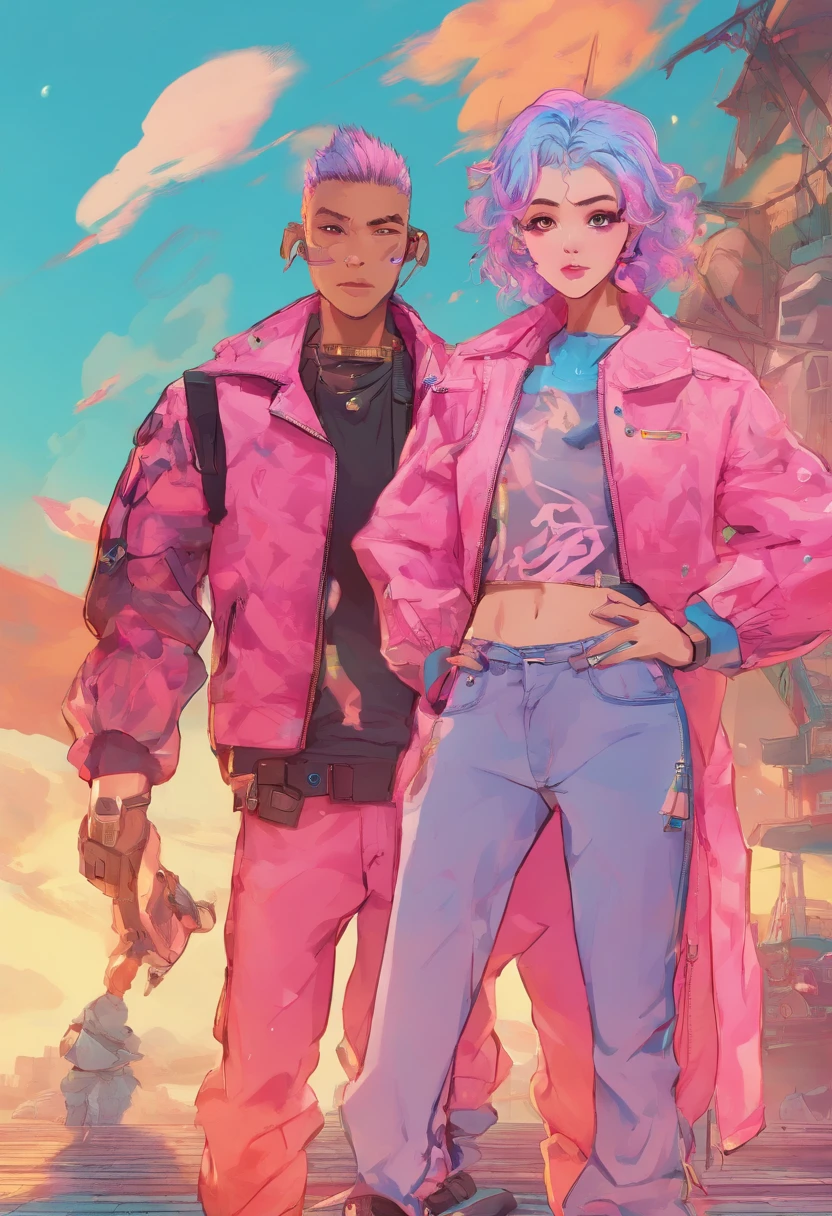 ((Male and female couples)), Idol Photos, Magazine covers, Photos of actors, Professional Photos, Height difference, tall male, Happiness, youthfulness, extra detailed face, detailed punk hair, very detailed character, inspired by Sim Sa-jeong, Cai Xukun's, detailed realistic faces, highly detailed realistic face, high detailed face anime, realistic detailed face, Accurate detailed face, attractive androgynous humanoid, Cool Korean fashion in black and white, ((Man with light blue hair)), ((Woman with pink hair)), ((Woman with long hair below waist)), ((Man with short hair over ears)), ((Pink hair woman with gentle expression)), ((Man with light blue hair with wild expression)), high-level image quality, ​masterpiece, Photographed so that the whole body can be seen, Photographed to make clothes look beautiful, Take your eyes off, ((two individuals)), ((British couple))