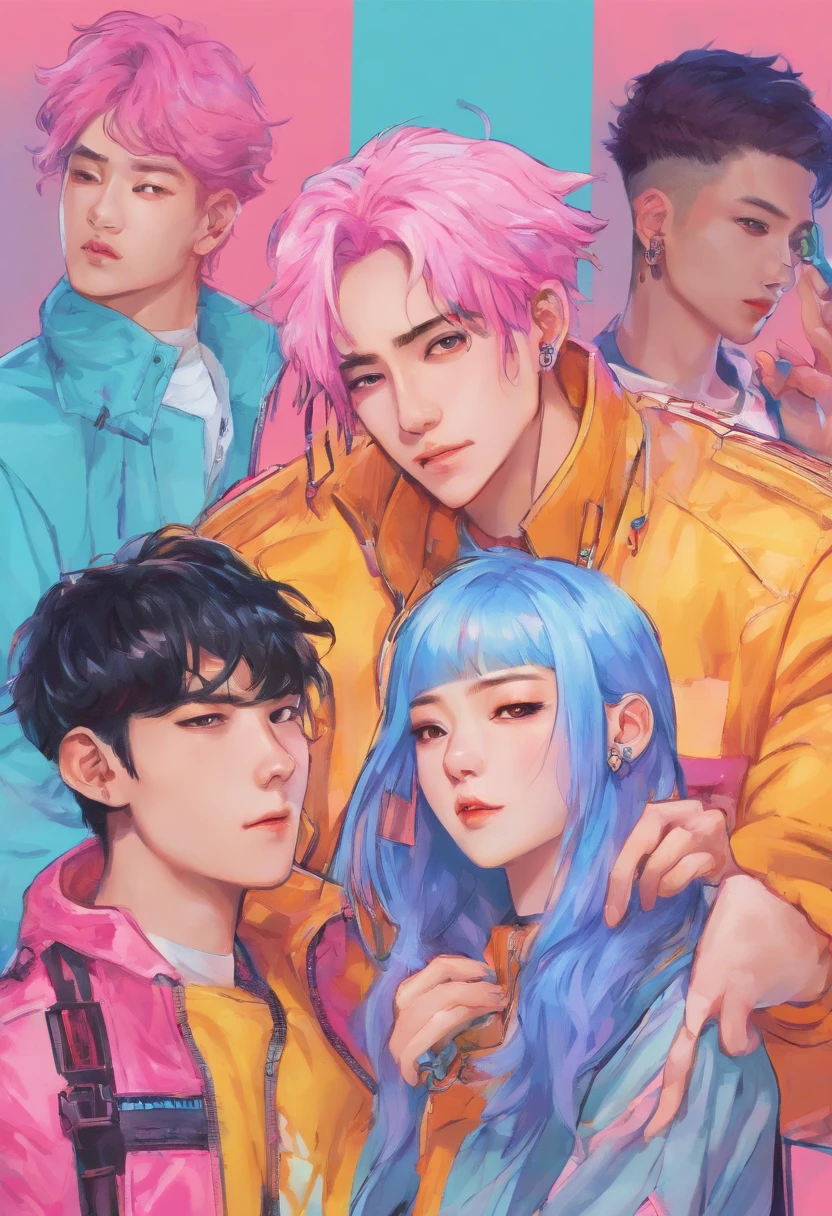 ((Male and female couples)), Idol Photos, Magazine covers, Photos of actors, Professional Photos, Height difference, tall male, Happiness, youthfulness, extra detailed face, detailed punk hair, very detailed character, inspired by Sim Sa-jeong, Cai Xukun's, detailed realistic faces, highly detailed realistic face, high detailed face anime, realistic detailed face, Accurate detailed face, attractive androgynous humanoid, Cool Korean fashion in black and white, ((Man with light blue hair)), ((Woman with pink hair)), ((Woman with long hair below waist)), ((Man with short hair over ears)), ((Pink hair woman with gentle expression)), ((Man with light blue hair with wild expression)), high-level image quality, masterpiece, Photographed so that the whole body can be seen, Photographed to make clothes look beautiful, Take your eyes off, ((two individuals)), ((British couple))