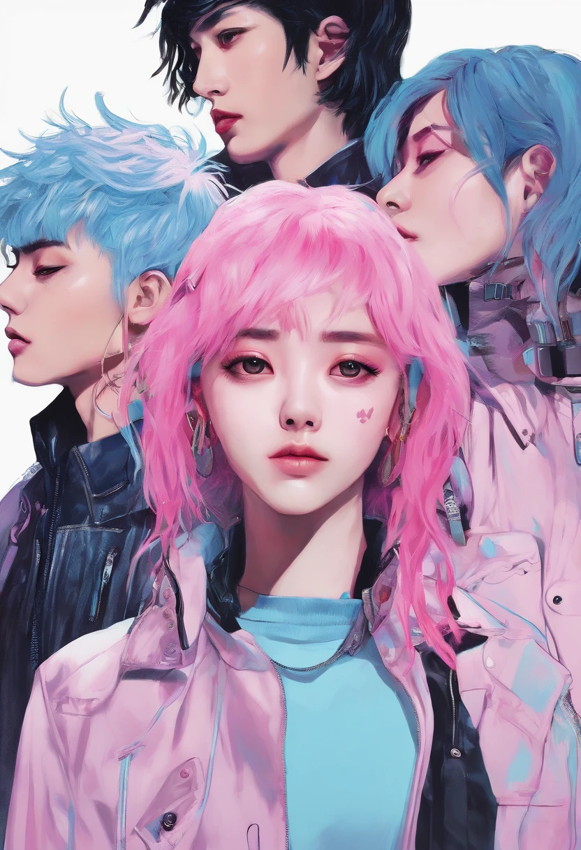 ((Male and female couples)), Idol Photos, Magazine covers, Photos of actors, Professional Photos, Height difference, tall male, Happiness, youthfulness, extra detailed face, detailed punk hair, very detailed character, inspired by Sim Sa-jeong, Cai Xukun's, detailed realistic faces, highly detailed realistic face, high detailed face anime, realistic detailed face, Accurate detailed face, attractive androgynous humanoid, Cool Korean fashion in black and white, ((Man with light blue hair)), ((Woman with pink hair)), ((Woman with long hair below waist)), ((Man with short hair over ears)), ((Pink hair woman with gentle expression)), ((Man with light blue hair with wild expression)), high-level image quality, masterpiece, Photographed so that the whole body can be seen, Photographed to make clothes look beautiful, Take your eyes off, ((two individuals)), ((British couple))