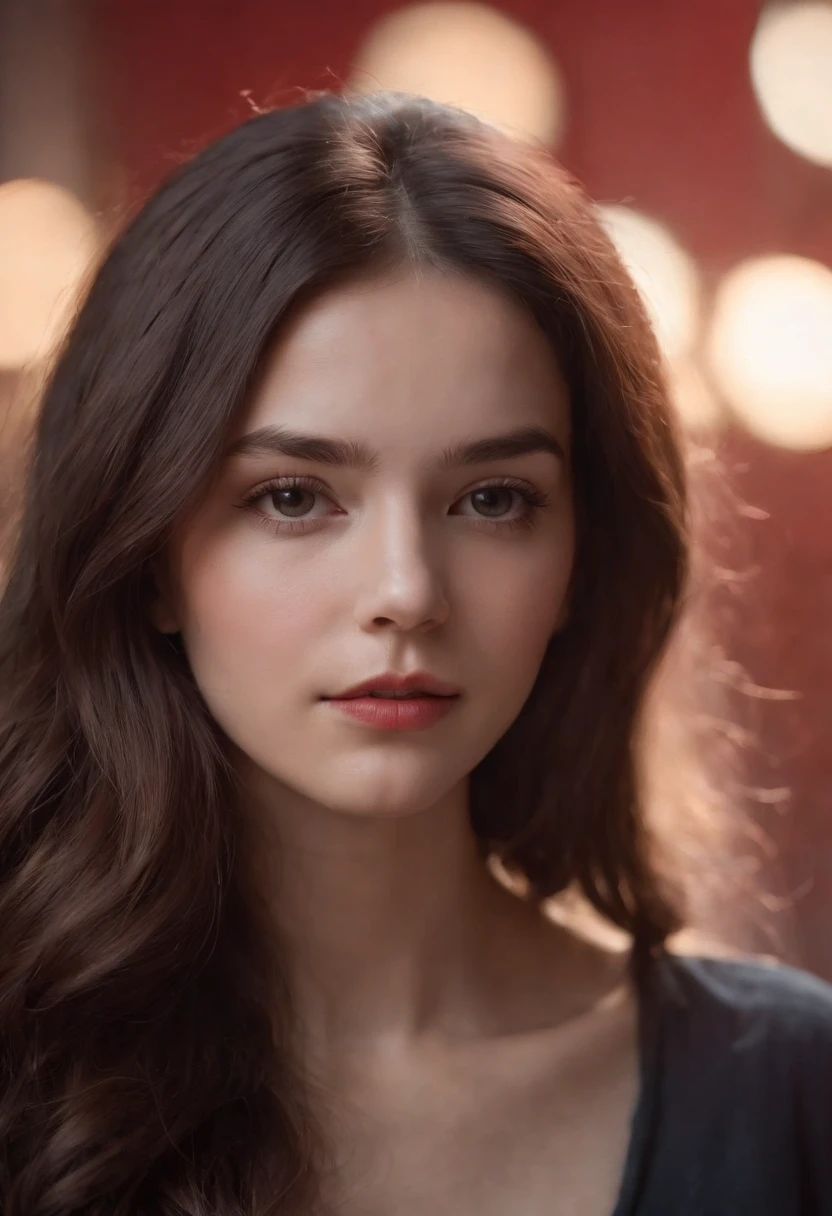 a 20 yo woman,long hair,dark theme, soothing tones, muted colors, high contrast, (natural skin texture, hyperrealism, soft light, sharp),red background,simple background,