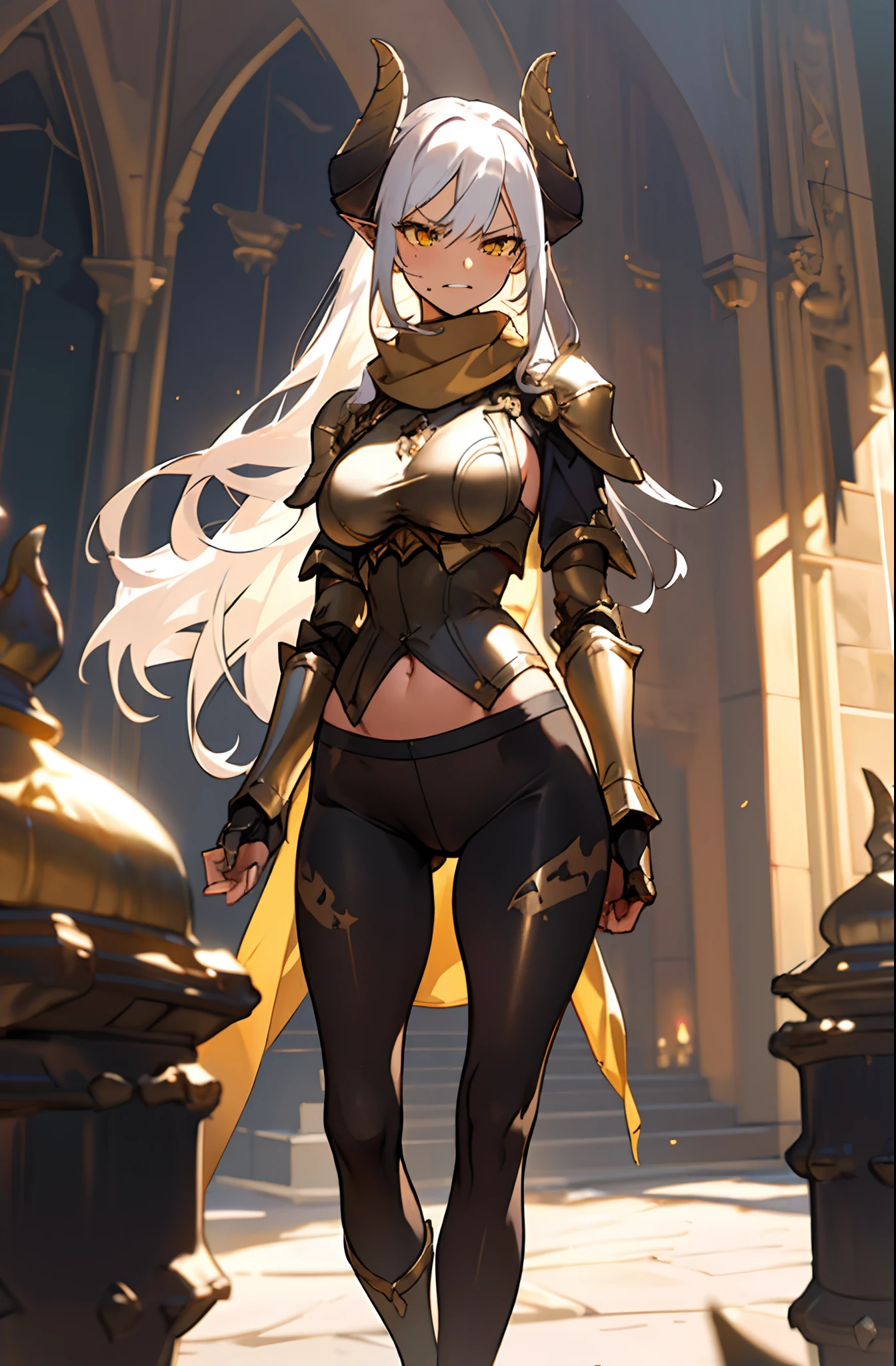 girl, tall,brown skin, hidden arms,long hair, white hair, detailed pretty eyes, yellow eyes,angry face, evil smile, medium boobs, mid waist,show abdomen, medium thighs, gold armor outfit, long black stockings, detailed clothes, masterpiece, hyper realistic, high definition,black horns,black pantyhose,elves ears,yellow scarf,(((standing inside of a castle)))