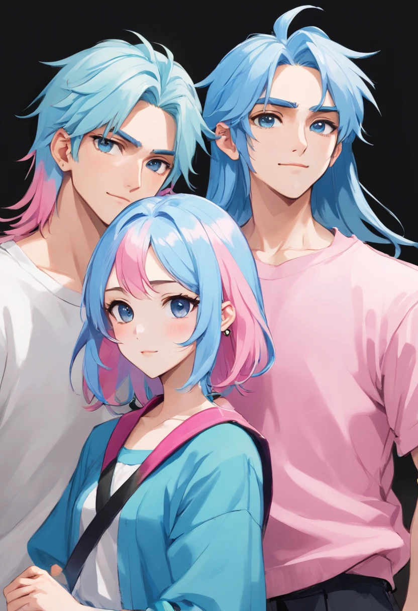 ((Male and female couples)), Idol Photos, Magazine covers, Photos of actors, Professional Photos, Height difference, tall male, Happiness, youthfulness, extra detailed face, detailed punk hair, very detailed character, inspired by Sim Sa-jeong, Cai Xukun's, detailed realistic faces, highly detailed realistic face, high detailed face anime, realistic detailed face, Accurate detailed face, attractive androgynous humanoid, Cool Korean fashion in black and white, ((Man with light blue hair)), ((Woman with pink hair)), ((Woman with long hair below waist)), ((Man with short hair over ears)), ((Pink hair woman with gentle expression)), ((Man with light blue hair with wild expression)), high-level image quality, masterpiece, Photographed so that the whole body can be seen, Photographed to make clothes look beautiful, Take your eyes off, ((two individuals)), ((British couple))