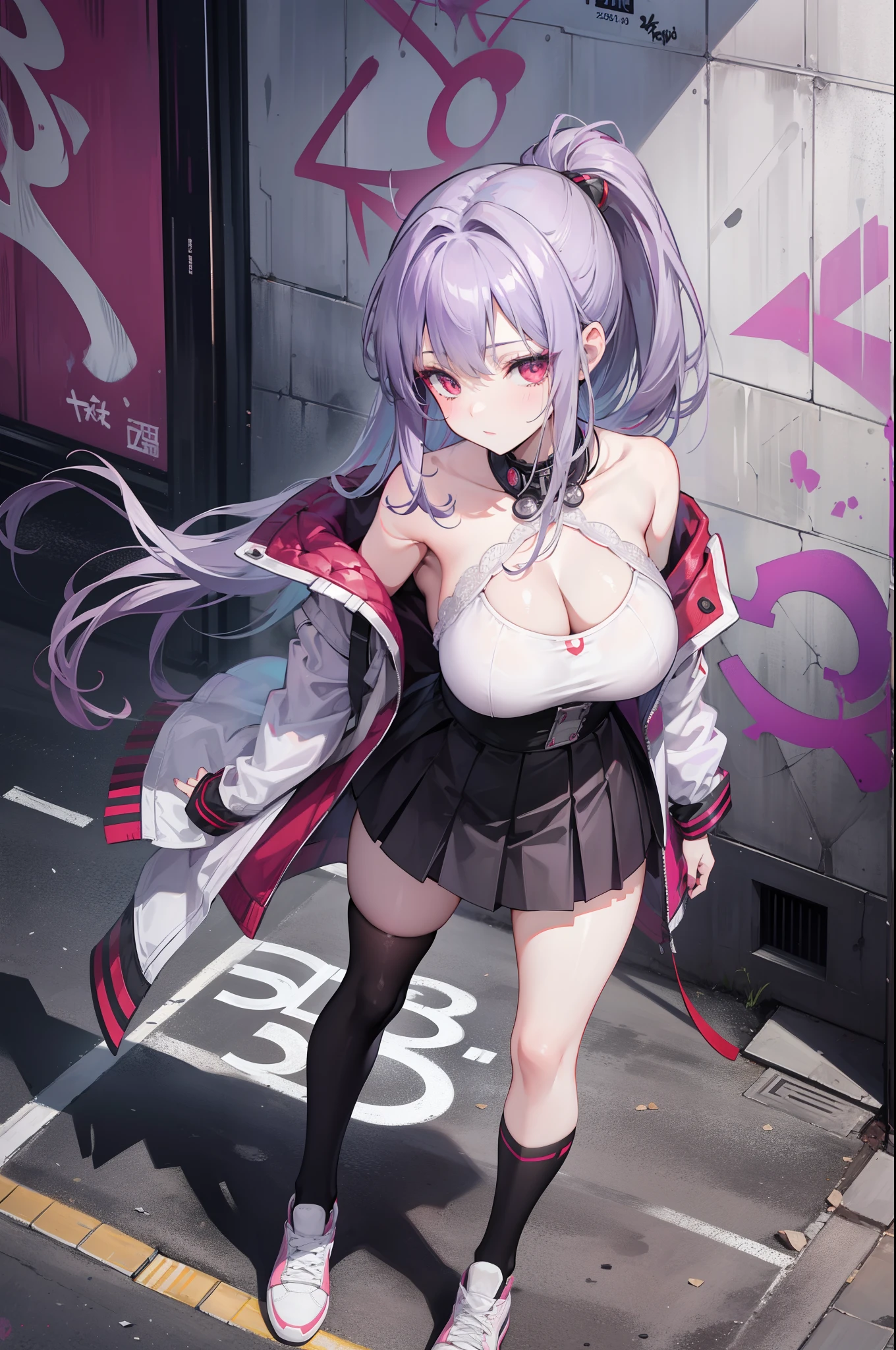 4k画质，Highest high resolution，Gray-purple bangs，Red eyes，20yr old，woman，Graffiti walls，street corner，short  skirt，blackstockings，God perspective，Clear face，Detailed eyes，cleavage，