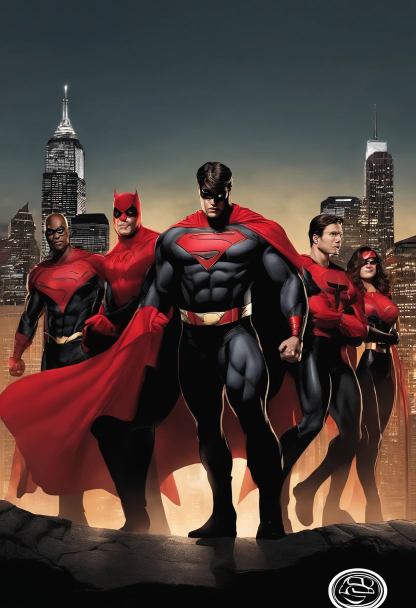 an average looking real estate group of super heroes in a red and black outfit with a red flowing cape, staring into the camera, unbuttoning dress shirt to reveal a shirt underneath with a home logo on chest, light-hearted, promotional, vibrant, happy, city skyline as background