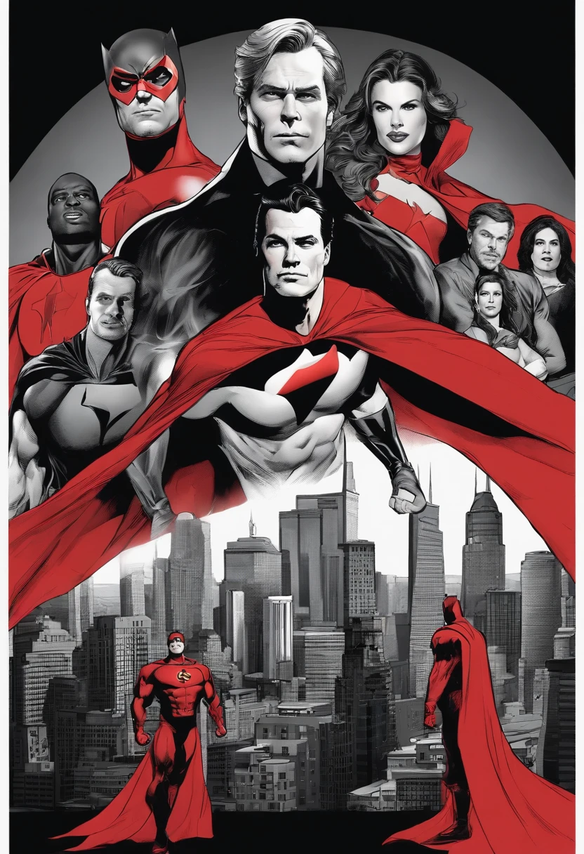 an average looking real estate group of super heroes in a red and black outfit with a red flowing cape, staring into the camera, unbuttoning dress shirt to reveal a shirt underneath with a home logo on chest, light-hearted, promotional, vibrant, happy, city skyline as background