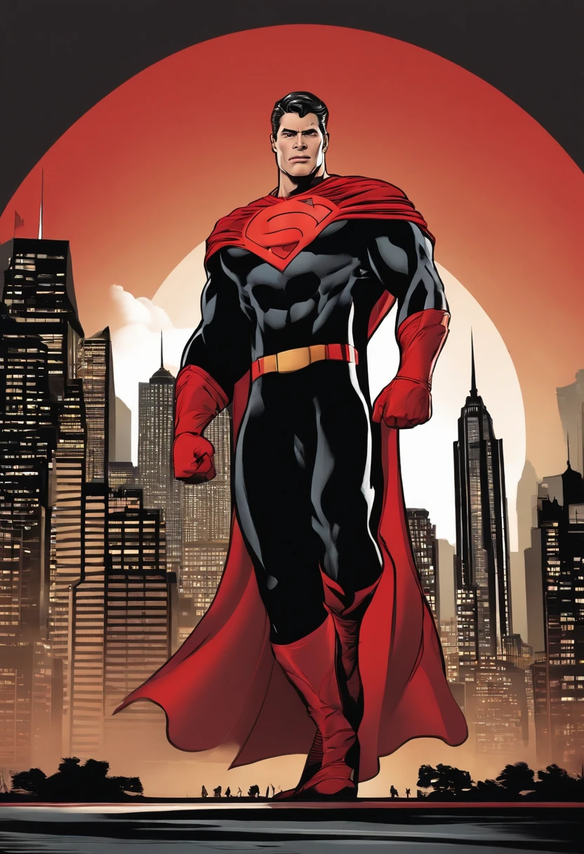 an average looking real estate group of super heroes in a red and black outfit with a red flowing cape, staring into the camera, unbuttoning dress shirt to reveal a shirt underneath with a home logo on chest, light-hearted, promotional, vibrant, happy, city skyline as background