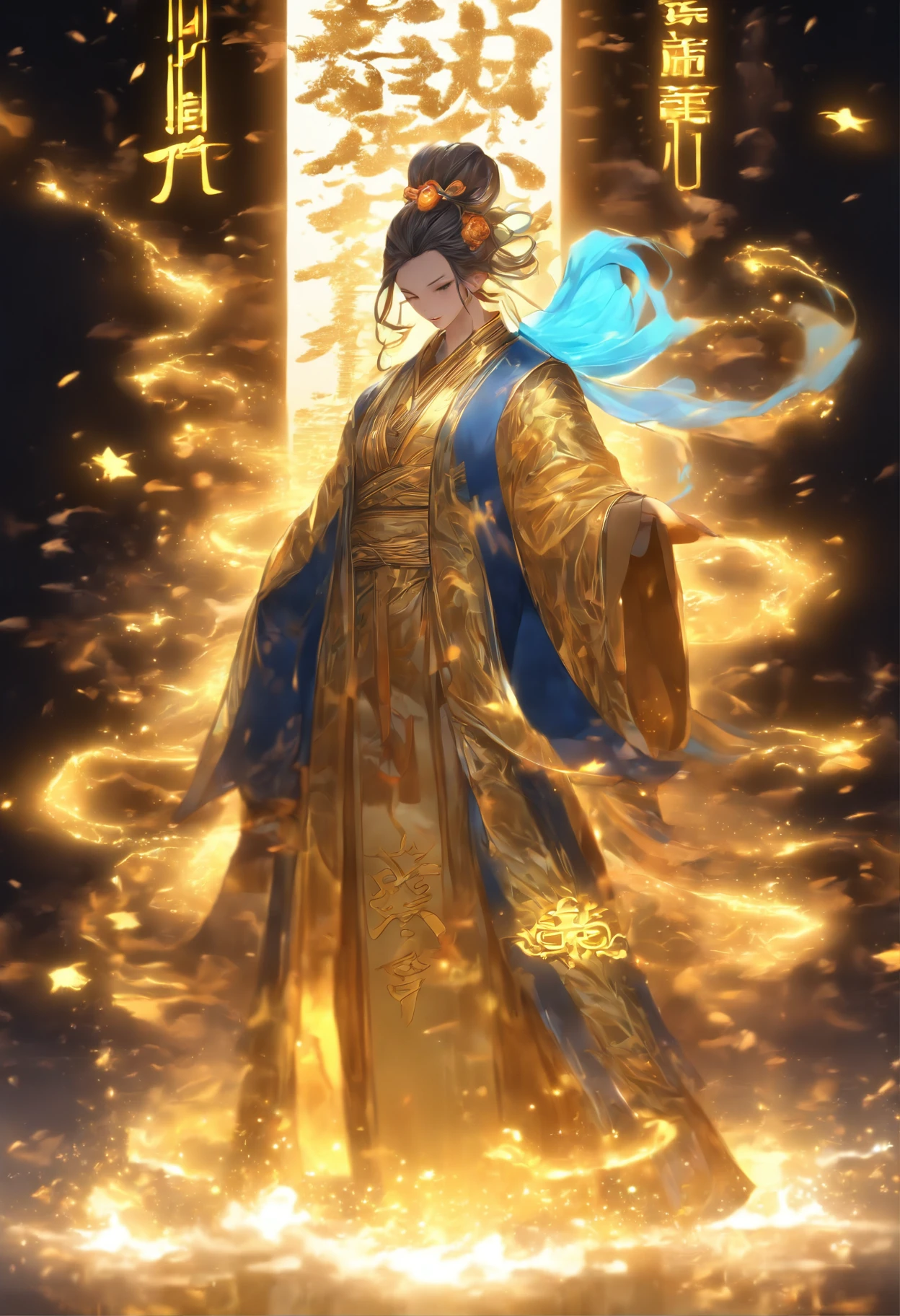 An ancient Chinese scholar，(Scroll in hand:1.5)，(Transparent glowing golden Chinese characters hovered in midair:2)，Vertical text，glittery，(Scholar in blue robes:1.5)，Long flowing hair flutters in the wind，brunette color hair，16k, hyper HD, high resolution, Very detailed, Best image quality,(dynamicposes:1.5)，(20 columns of Chinese characters:2)，arranged in an orderly fashion