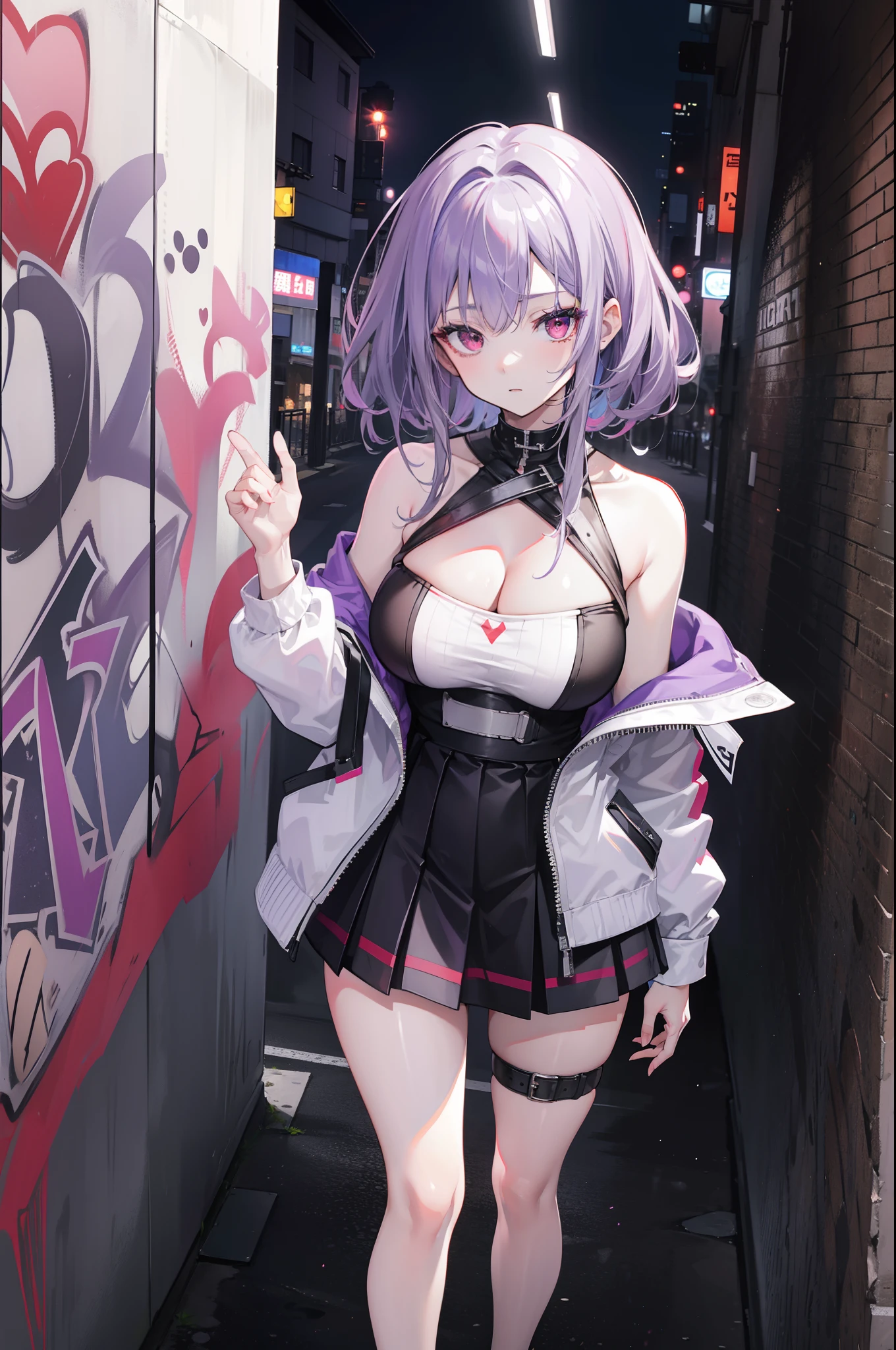 4k画质,Highest high resolution,Gray-purple bangs,Red eyes,20yr old,woman,Graffiti walls,street corner,short skirt,blackstockings,God perspective,Clear face,Detailed eyes,cleavage,