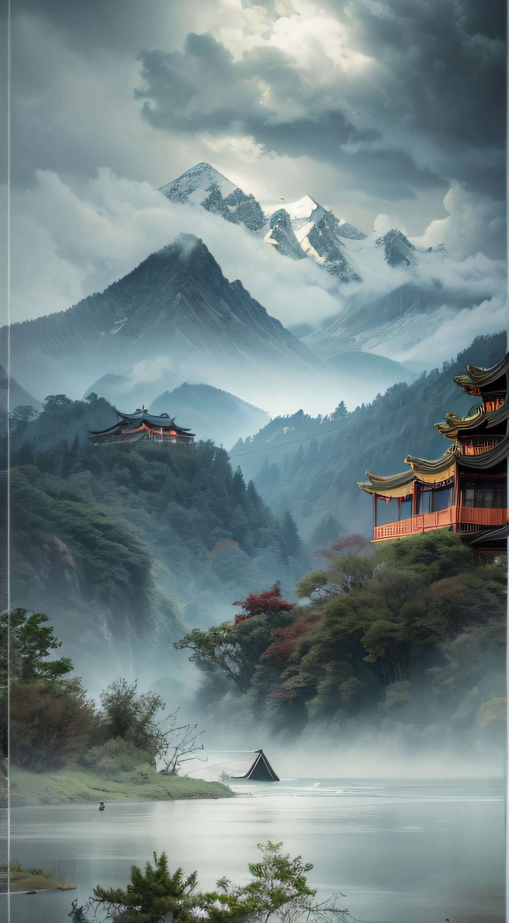 violent storm，dark stormy clouds，snow mountains，Chinese architecture，water，Lotus，High detail，lightand shade contrast，hyper HD，tmasterpiece，winning artwork，Best quality at best，A high resolution，16k