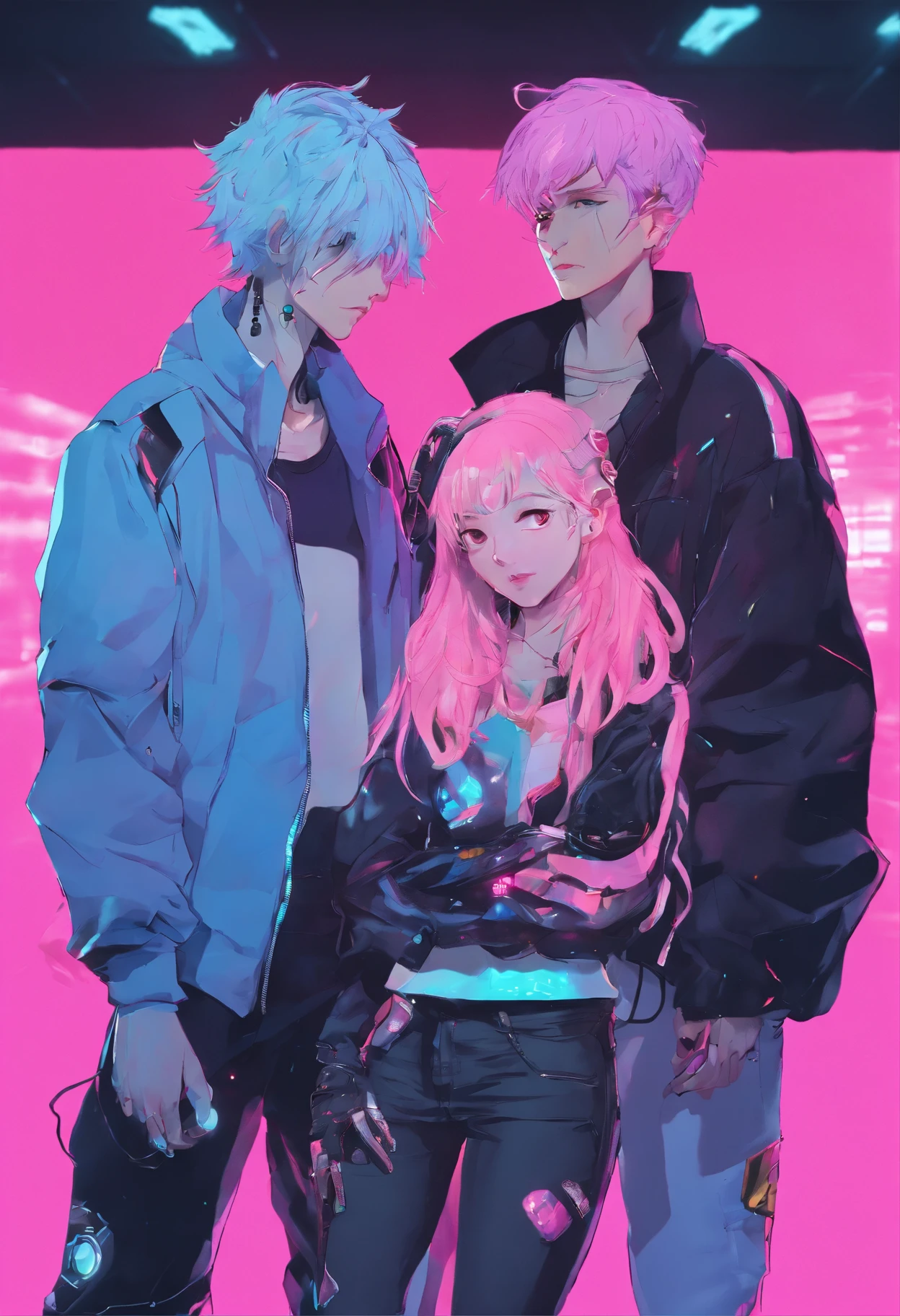 ((Male and female couples)), Idol Photos, Magazine covers, Photos of actors, Professional Photos, Height difference, tall male, Happiness, youthfulness, extra detailed face, detailed punk hair, very detailed character, inspired by Sim Sa-jeong, Cai Xukun's, detailed realistic faces, highly detailed realistic face, high detailed face anime, realistic detailed face, Accurate detailed face, attractive androgynous humanoid, Cool Korean fashion in black and white, ((Man with light blue hair)), ((Woman with pink hair)), ((Woman with long hair below waist)), ((Man with short hair over ears)), ((Pink hair woman with gentle expression)), ((Man with light blue hair with wild expression)), high-level image quality, ​masterpiece, Photographed so that the whole body can be seen, Photographed to make clothes look beautiful, Take your eyes off, ((two individuals)), ((British couple))