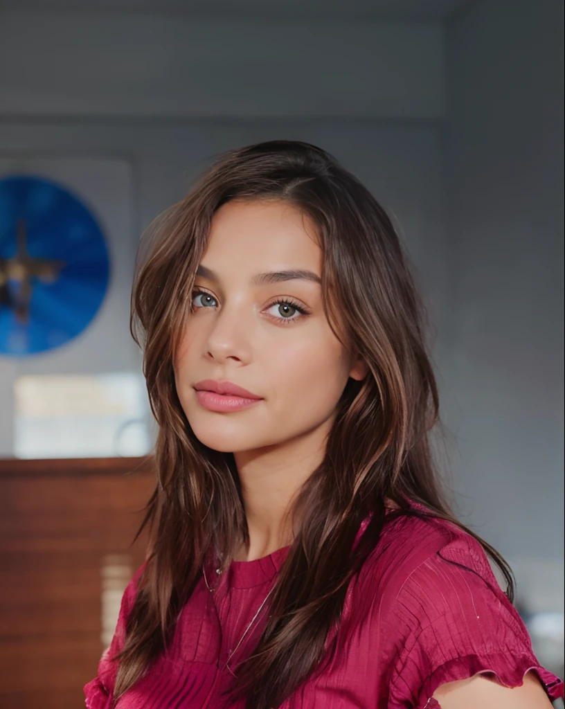 An urban adult female with a messy layered bob of long and curly brown hair, warm brown eyes reflecting compassion and kindness. Her self-assured demeanor and graceful figure exude elegance as she stands before an impressive urban white shirt and blue jeans, Clad in a sophisticated dark brown office frock and gladiator heels, she remains resolute in the face of an apocalyptic wind and weather. The photorealistic image captures her captivating presence amidst the chaos, and the sparkling eyes draw viewers into the compelling visual narrative of strength and determination , mixed race , smiling , looking away , 18 years old .