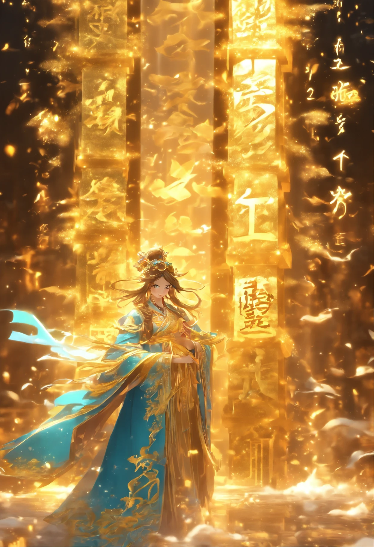 An ancient Chinese scholar,Holding a golden brush,Writing is in full swing,(Transparent glowing golden Chinese characters hovered in midair:2),Vertical text,glittery,(Scholar in blue robes:1.5),Long flowing hair flutters in the wind,16k, hyper HD, high resolution, Very detailed, Best image quality,(dynamicposes:1.5),(20 columns of Chinese characters:2),arranged in an orderly fashion