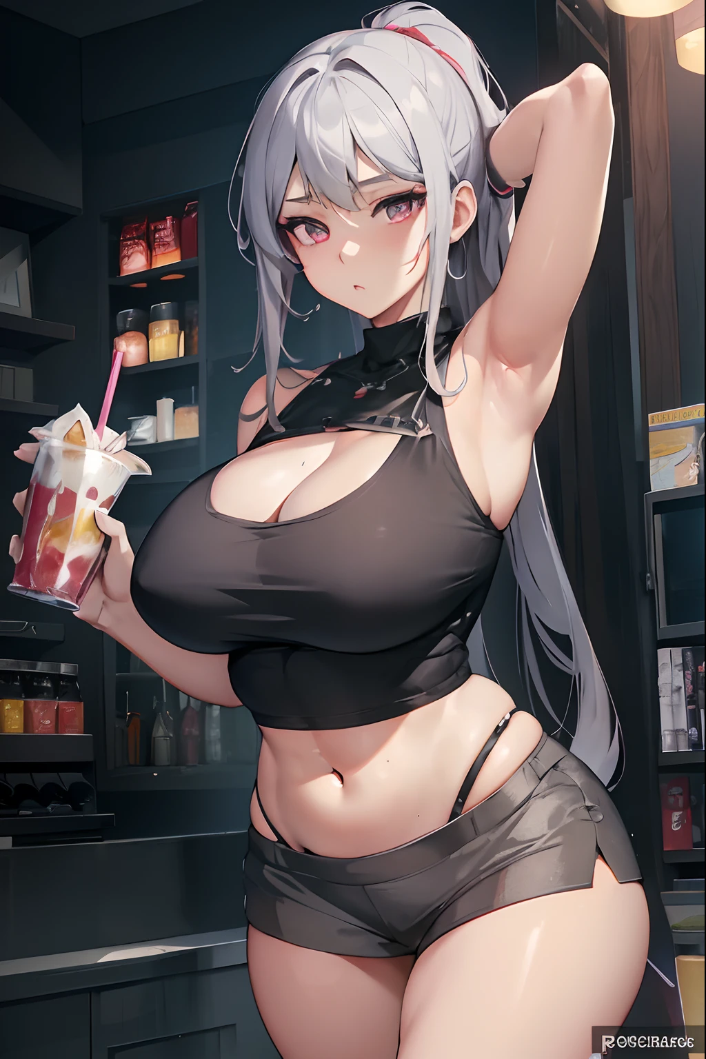 anime - style image of a woman in a black top and black shorts, seductive anime girl, small curvy loli, anime girl drinks energy drink, with a drink, thicc, [ 4 k digital art ]!!, artwork in the style of guweiz, extremely detailed artgerm, from girls frontline, holding a drink, smooth anime cg art