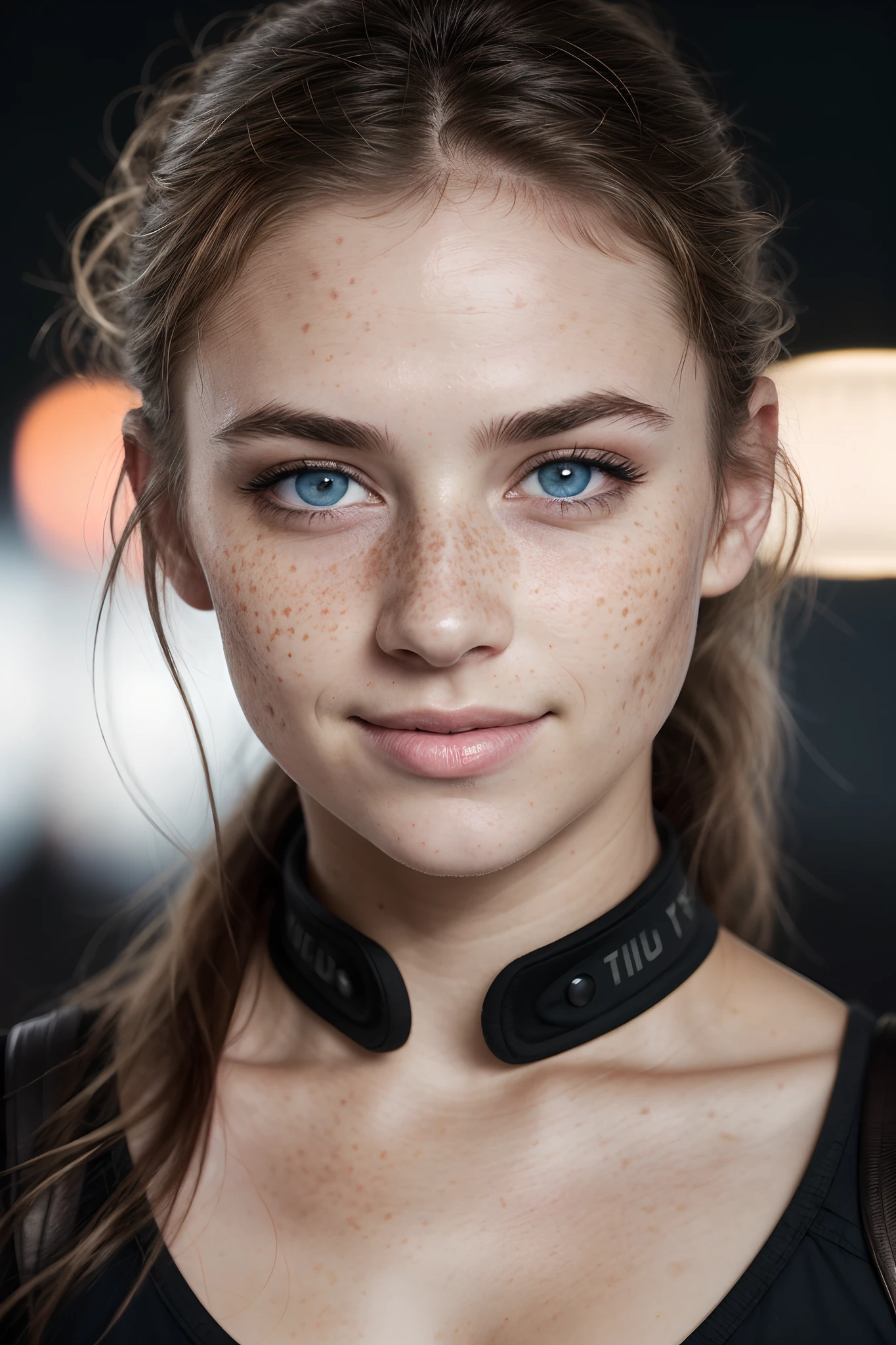 (RAW photo) night scene, close-up photo of a sexy girl, posing, looking at the viewer, smiling, freckles, tanned skin, black eyeliner, brown hair +pink highlights hair in a ponytail, (blue eyes), handsome young face, 23 yo, soft volumetric lights, soft key and fill lighting, (backlit: 1.3), (cinematic: 1.3), intricate details, (ArtStation: 1.2), skin spots, (freckles: 0.9), detailed eyes, micro details, FUJI XT3, photorealistic, photorealism