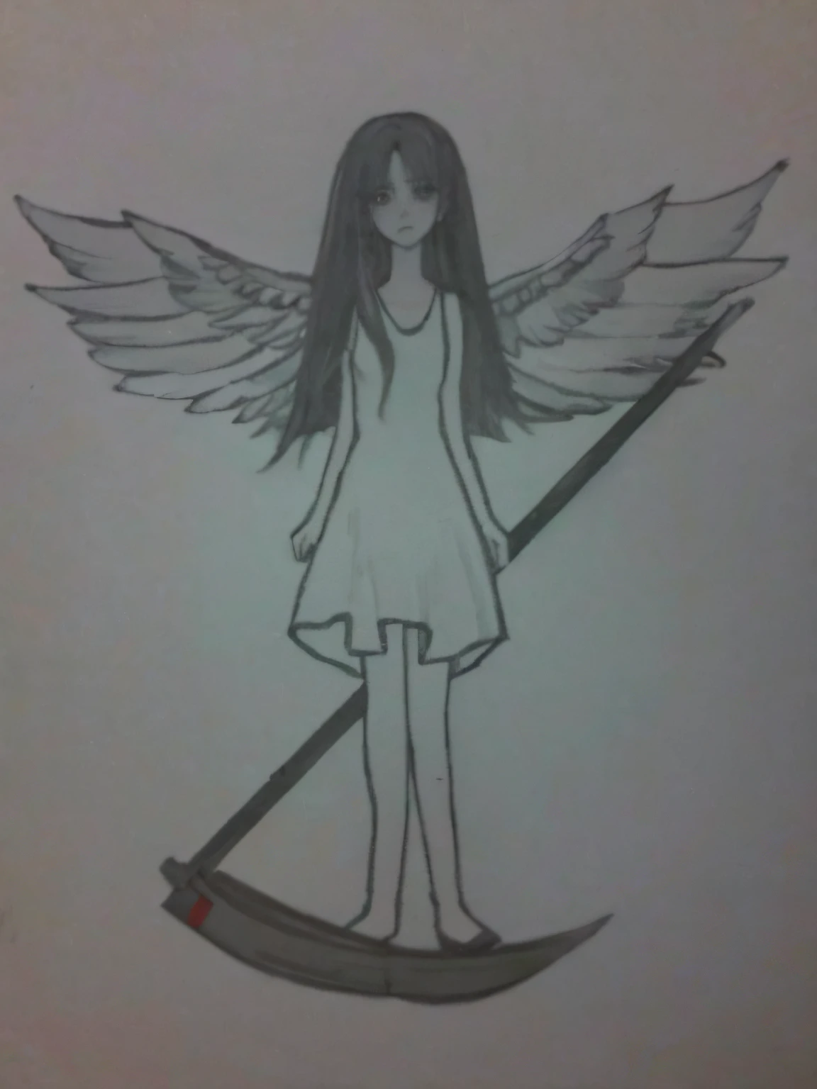 desenho de uma menina com asas segurando uma foice, O Anjo da Morte, menina do anjo, anjo da morte, sem sombreamento, angelic, humano alado, menina do cavaleiro do anjo, alado, anjo da menina alada, possivelmente um anjo, inspirado em Jin Homura, desenho desbotado, Fanart, angelic and unsettling, um desenho de anime, black wings instead of arms