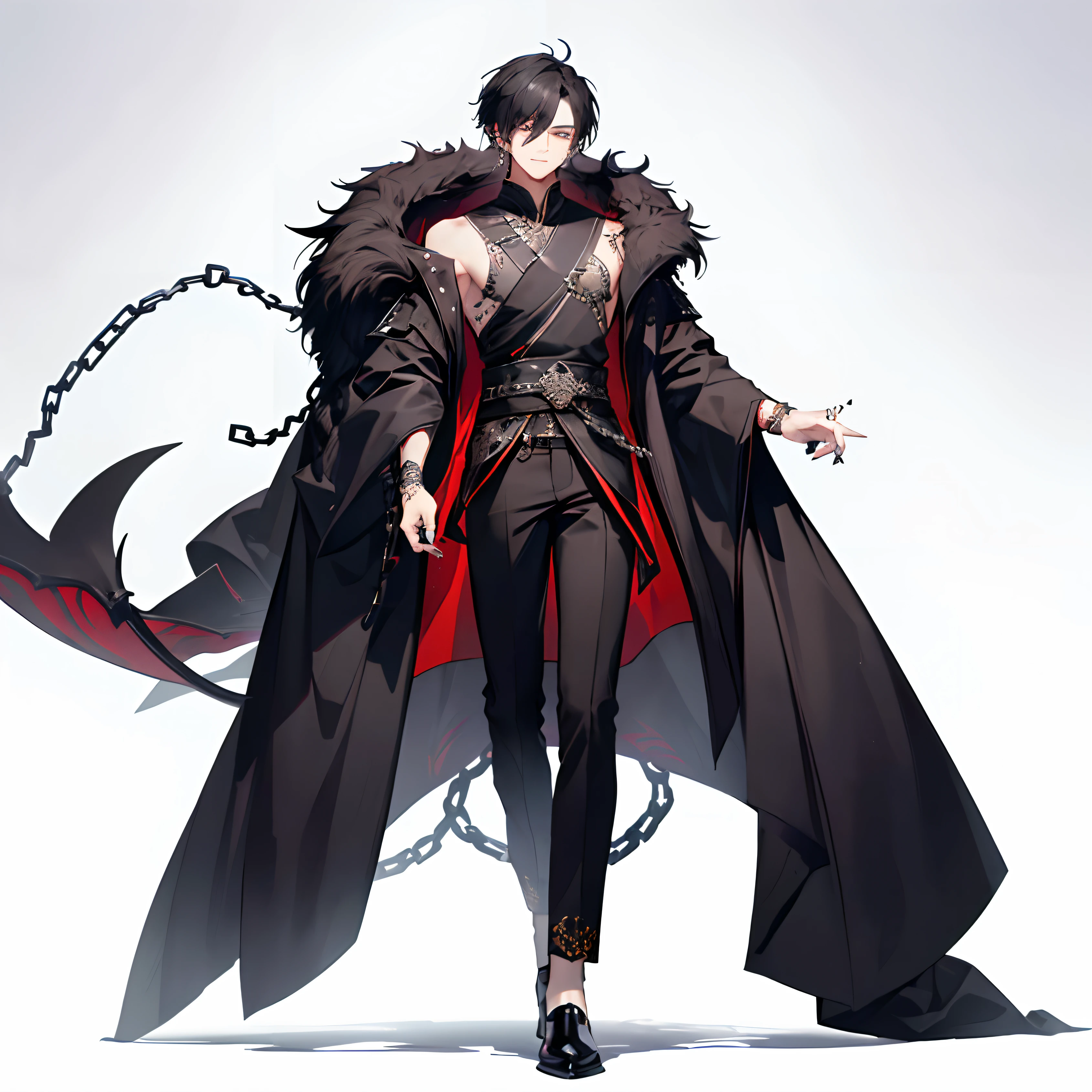 masterpiece, high quality, best quality, 1 guy, 1 person, ((black hair)), Short hair, ((body piercings)), light brown eyebrows, Smile, vulgar, ((solo))), cheeky, (gray eyes) smirk, ((lots of piercings)), Chinese clothes, Hanfu, black fingernails, (multiple leather straps, multiple iron chains attached to rings:1.125), detailed metal jewelry, Male organs, tattoo, 1,(((( young man)))),solo,((full body)),((((evil lord))),((is wearing black coat)),half naked,smirk,wearing shoes on feet,(((Devil’s tail))), [[devil’s horns]],Clothing of the Demon King,(((good-looking))),((standing)),(((((wing)))),white background,simple background, (pants), good young man, beautiful detailed eyes, (good looking), ((an extremely delicate and beautiful)), make the eyes the same shape and color on both sides, fangs, sharp teeth, highly detailed fine art, (finely detailed beautiful eyes and detailed face), delicate depiction of facial features