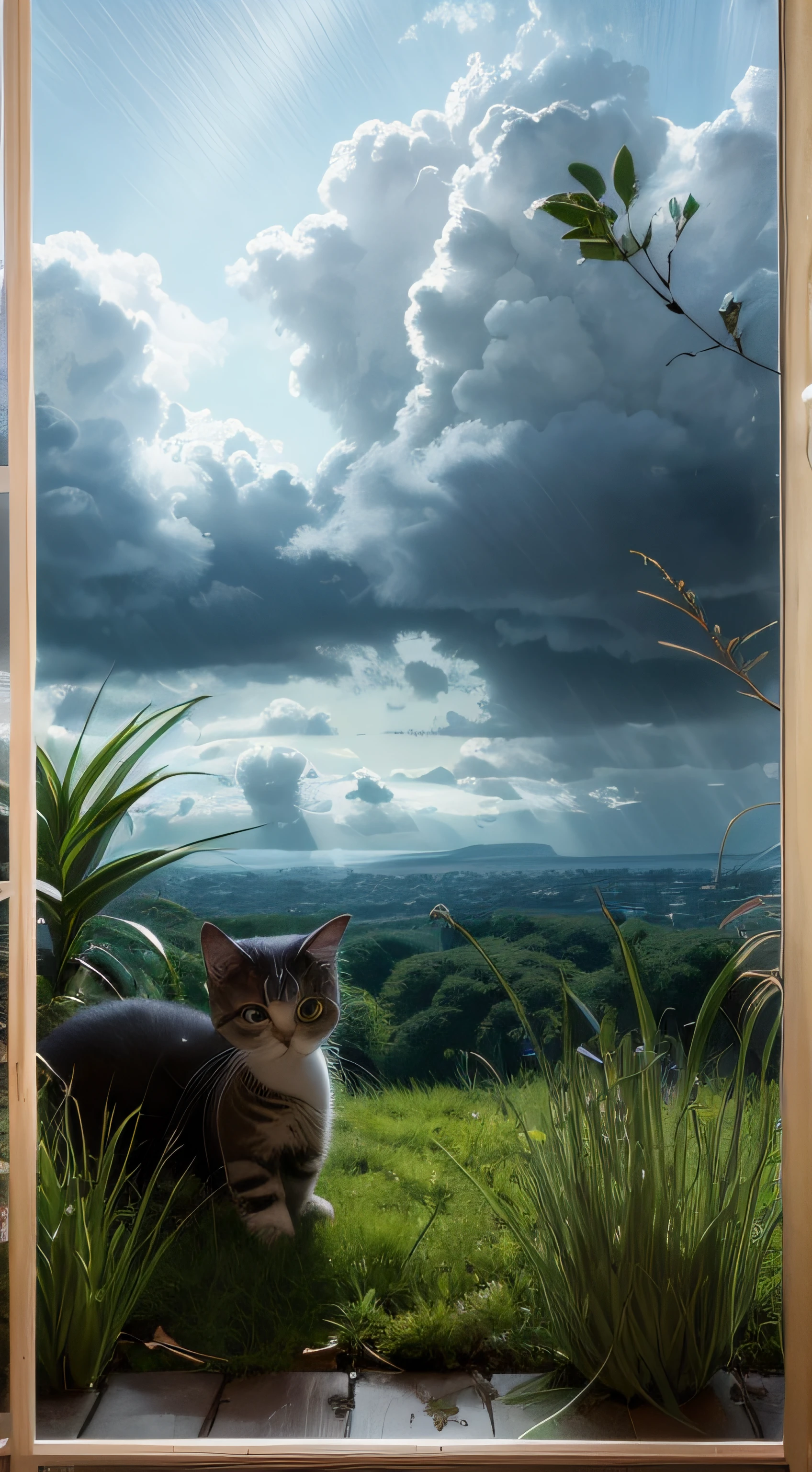 violent storm,dark stormy clouds,floor to ceiling window,sofe,fireplace,baby cats,A plant,the woods,hilltop,High detail,lightand shade contrast,hyper HD,tmasterpiece,winning artwork,Best quality at best,A high resolution,16k