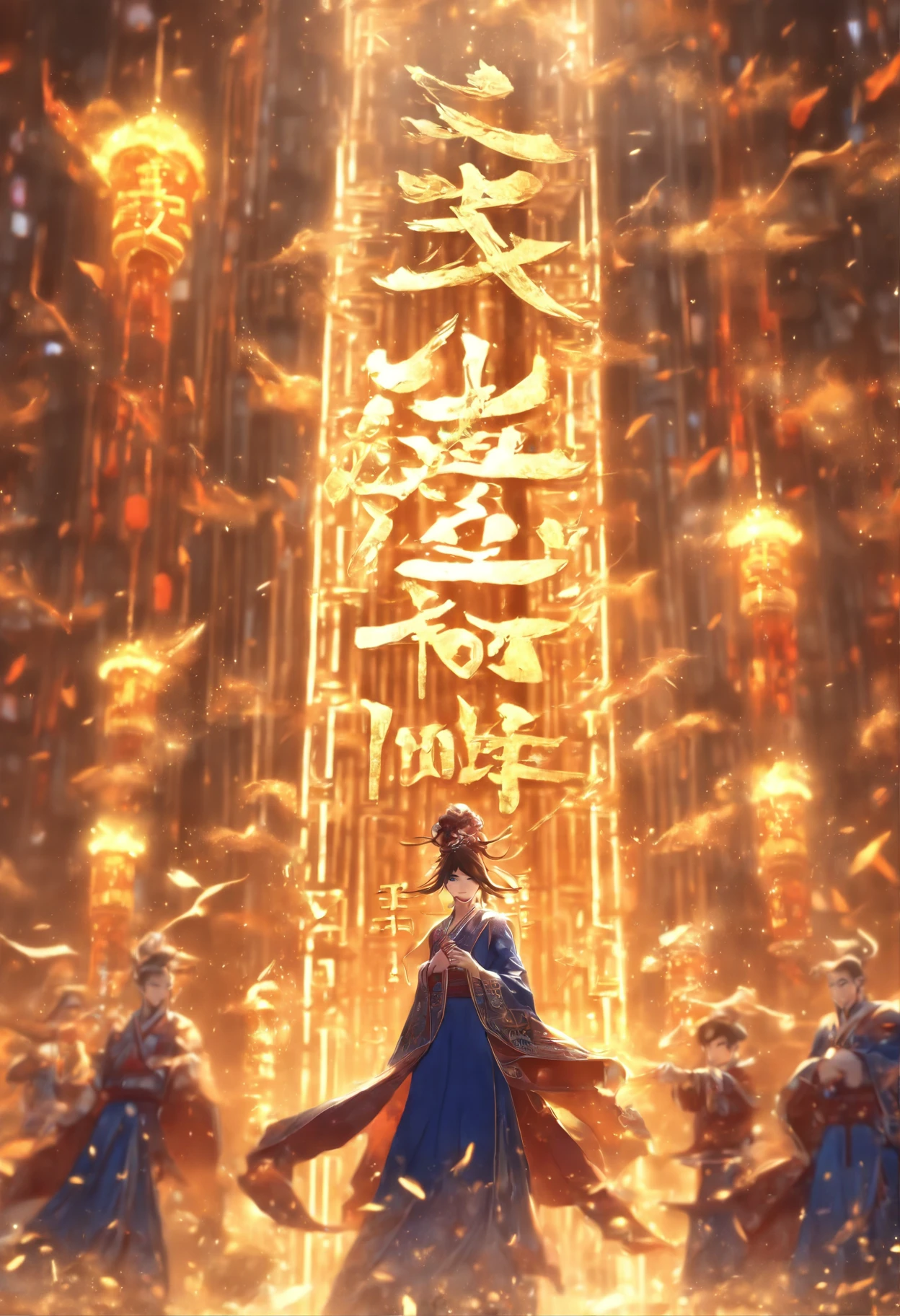 1boys，An ancient Chinese scholar，(Book in hand:1.5)，(Transparent glowing golden Chinese characters hovered in midair:2)，Vertical text，glittery，(Scholar in blue robes:1.5)，Long flowing hair flutters in the wind，brunette color hair，16k, hyper HD, high resolution, Very detailed, Best image quality,(dynamicposes:1.5)，(20 columns of Chinese characters:2)，arranged in an orderly fashion