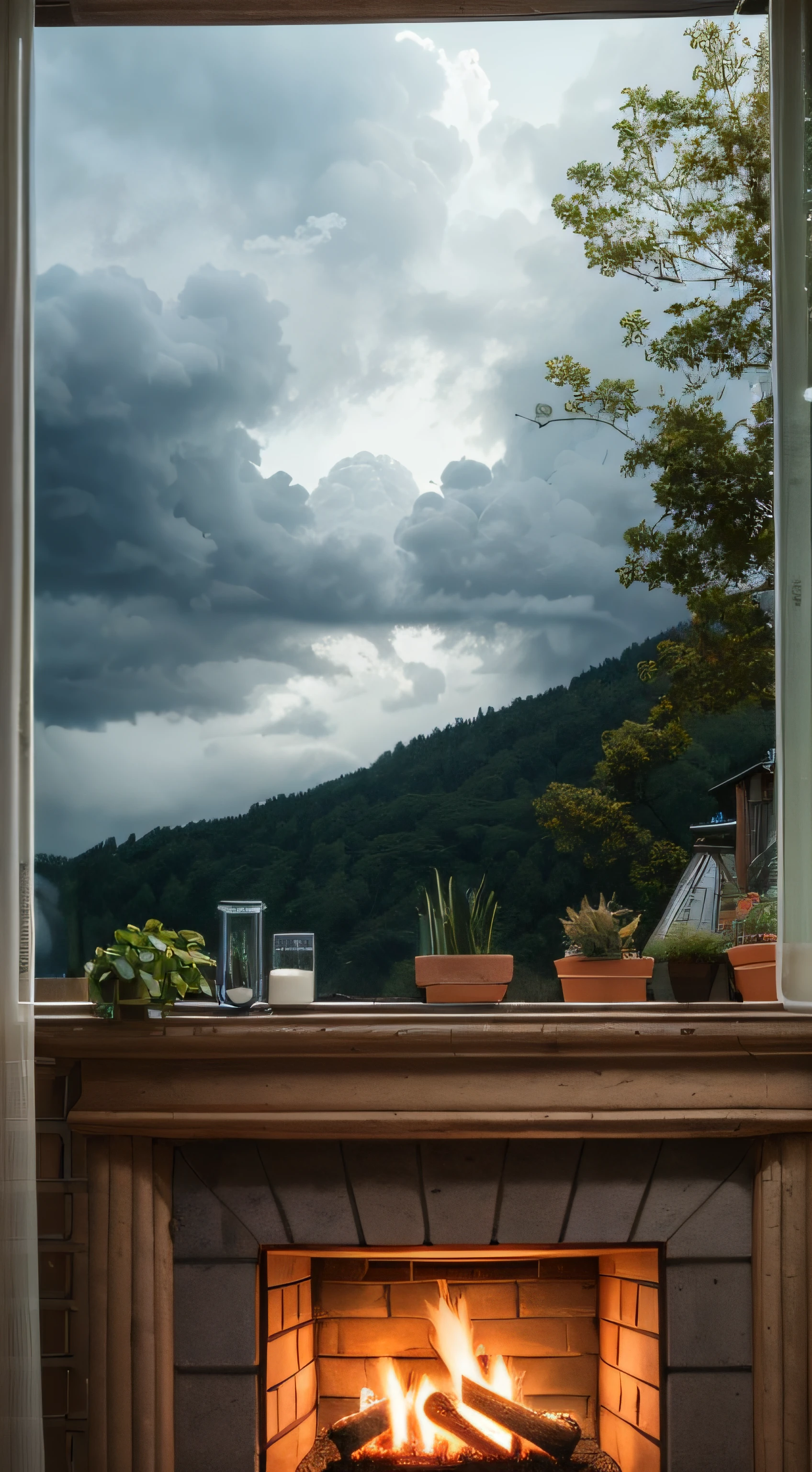 violent storm,dark stormy clouds,floor to ceiling window,sofe,fireplace, cats,A plant,the woods,hilltop,High detail,lightand shade contrast,hyper HD,tmasterpiece,winning artwork,Best quality at best,A high resolution,16k