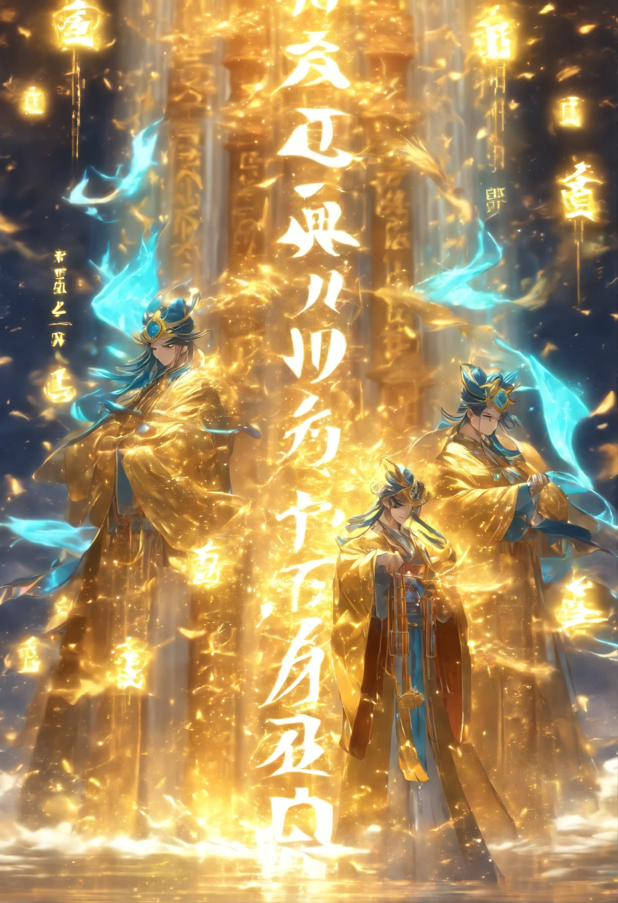 1boys,An ancient Chinese scholar,(Book in hand:1.5),(Transparent glowing golden Chinese characters hovered in midair:2),Vertical text,glittery,(Scholar in blue robes:1.5),Long flowing hair flutters in the wind,brunette color hair,16k, hyper HD, high resolution, Very detailed, Best image quality,(dynamicposes:1.5),(20 columns of Chinese characters:2),arranged in an orderly fashion