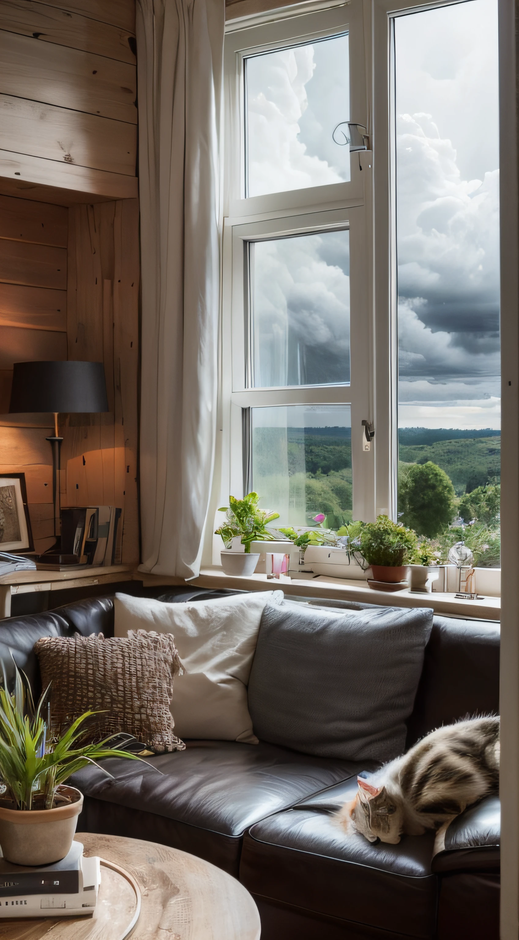 violent storm,dark stormy clouds,floor to ceiling window,sofe,fireplace, cats,A plant,the woods,hilltop,High detail,lightand shade contrast,hyper HD,tmasterpiece,winning artwork,Best quality at best,A high resolution,16k