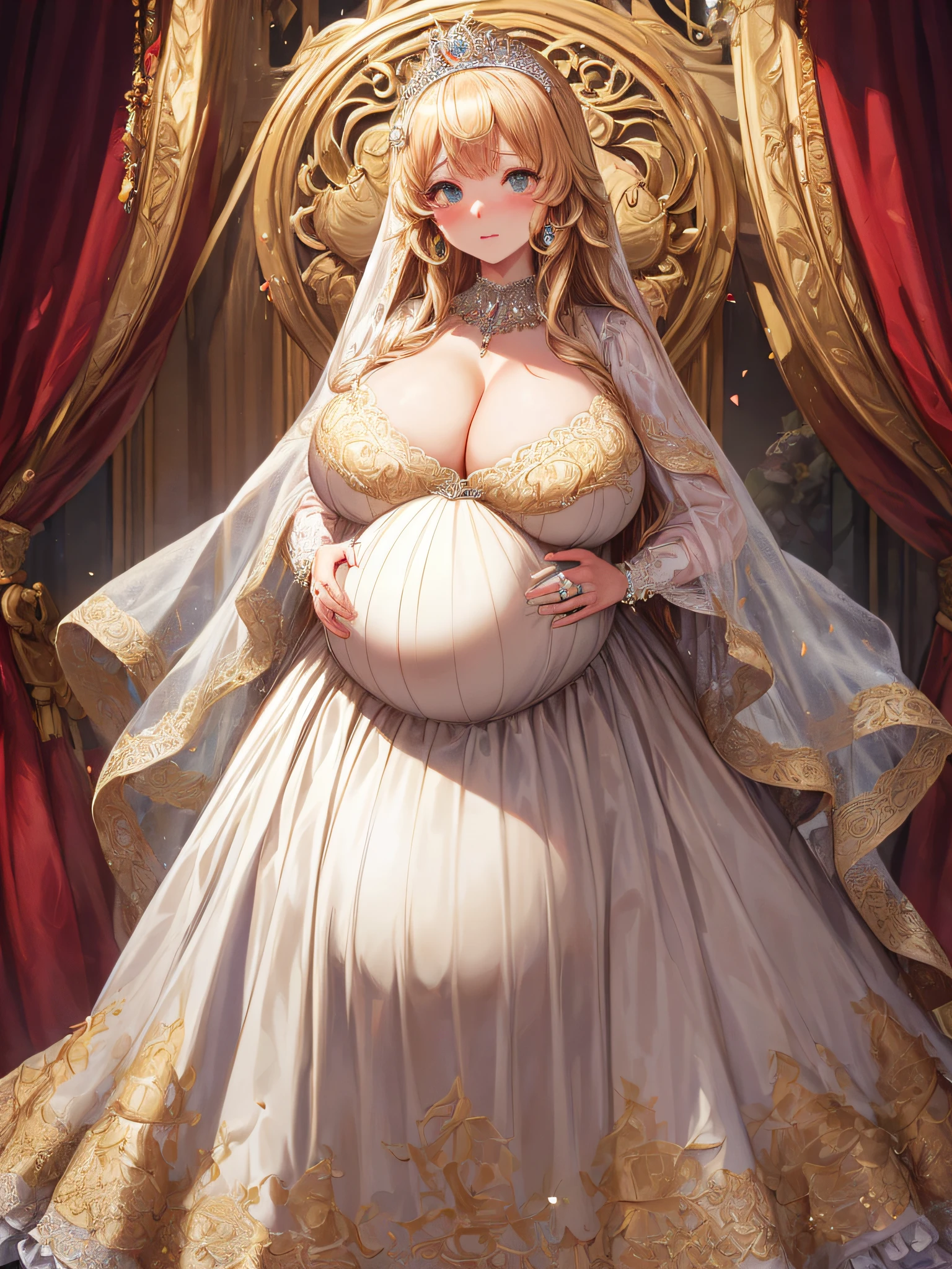 (masterpiece, best quality,extremely detailed:1.1),(moe anime art style:1.2),1girl,((full body,focus face)),((solo)), cute, kawaii,digital art,((1 bling-bling pregnant princess wearing beautiful embroidery and jeweled gorgeous princess rococo ballgown with jeweled voluminous full length hoop skirt)),(((heavily pregnant,very big pregnant belly))),((crinoline)),long train,voluminous frills,(gorgeous embroidery and beautiful lace),((very gigantic boobs,skindentation)),cleavage,shiny hair,(((very long straight hair,large amount of straight hair))),((embarrassed)),anguish,((finely detailed face and eyes)),clear pupil,extremely gorgeousfull hair ornament,(bling-bling jeweled extremely gorgeousfull tiara),(bling-bling gorgeous gemstone jewelry),long veil,beautiful background,fantasy background,flowers,flower petals flowing,full body,((beautiful embroidery and jeweled ruffled gorgeous princess rococo ballgown with voluminous full length hoop skirt))